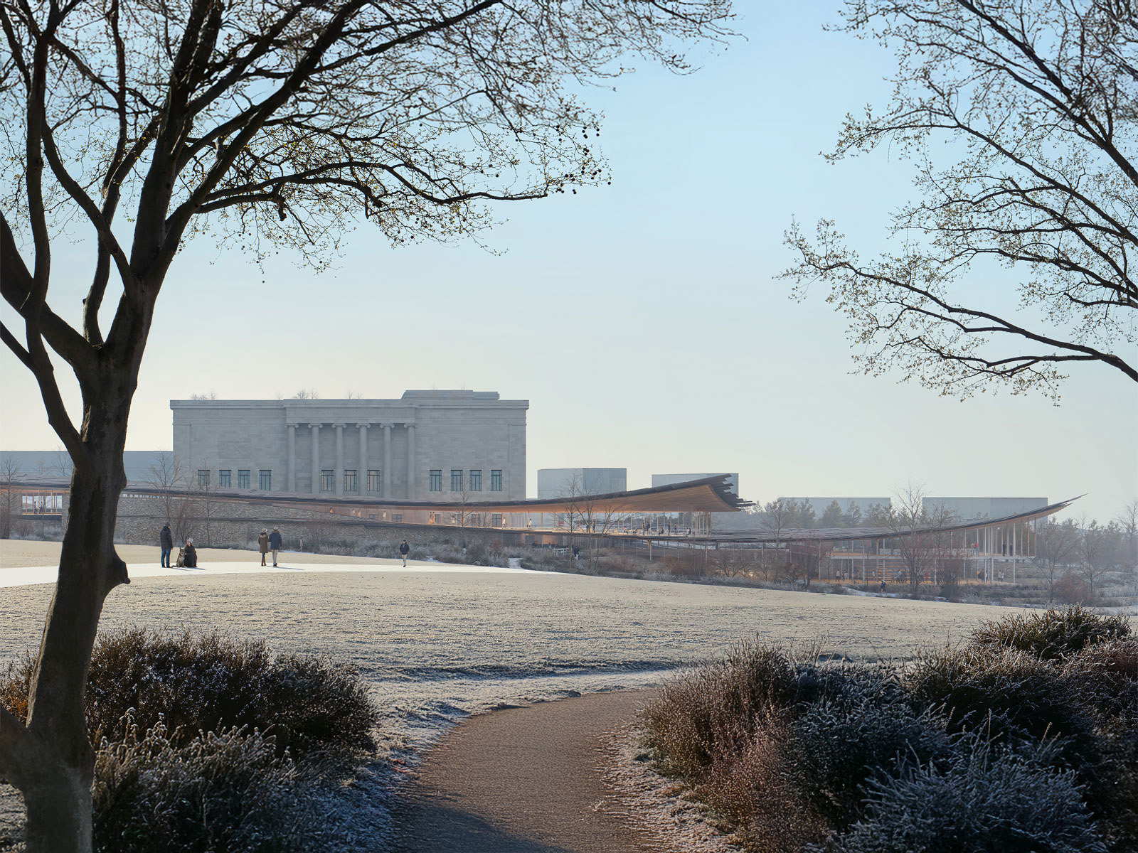 Opening toward the street. The Nelson-Atkins Museum of Art the finalists. Rendering by Kengo Kuma and Associates and Malcolm Reading Consultants.