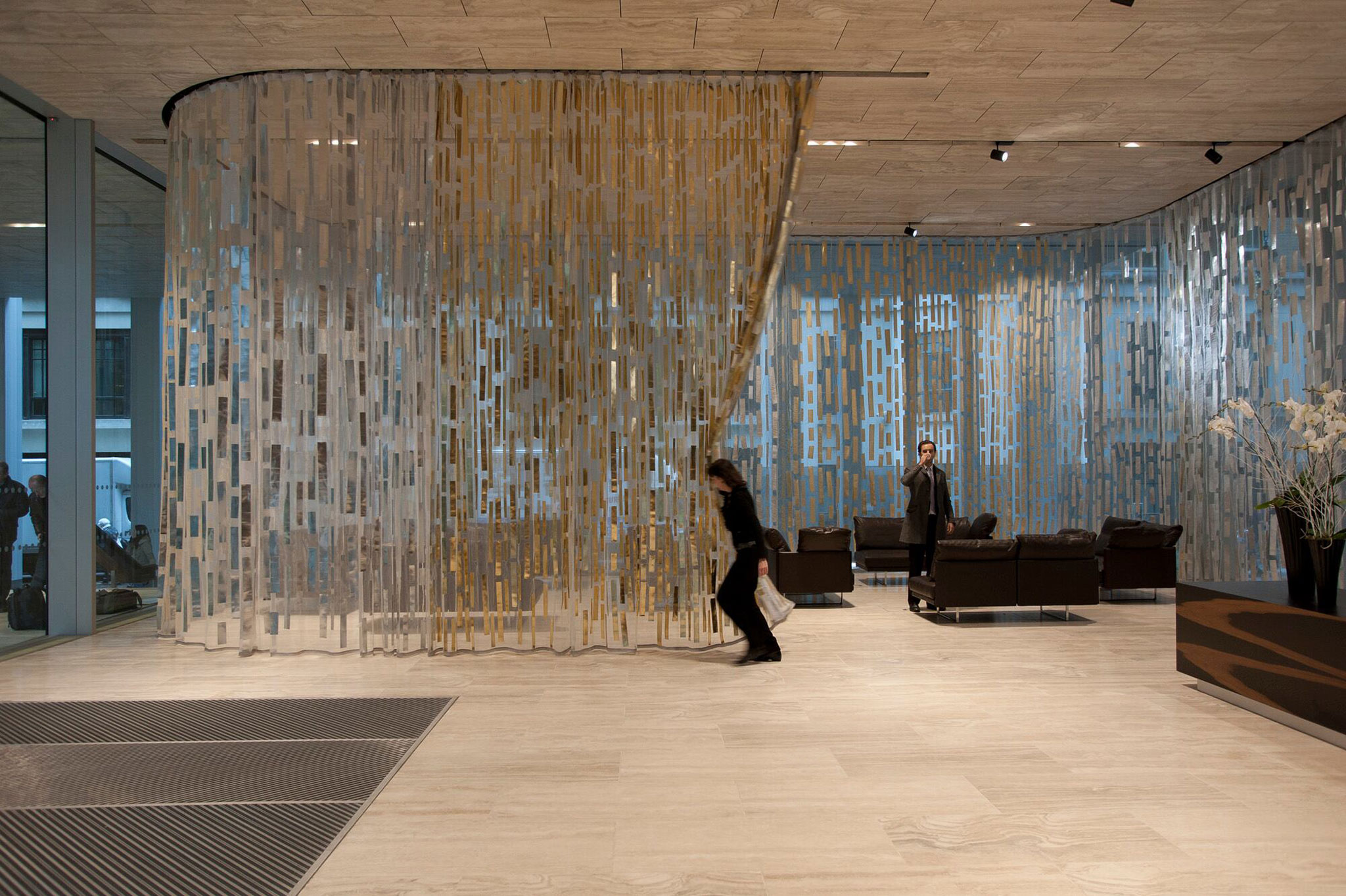  Acoustic and view filtering curtain for the lobby, by Petra Blaisse, in Rotschild Bank, by OMA. Photograph by H.Werlemann, courtesy of Inside Outside.