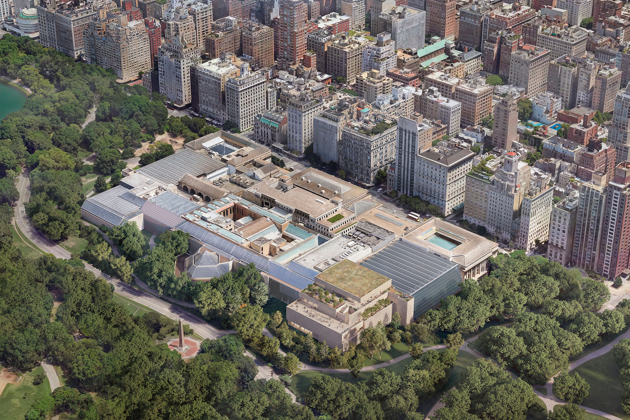 Rendering of The Metropolitan Museum of Art from aerial view featuring the Tang Wing at the southeast corner. Visualization by Filippo Bolognese Images, courtesy of Frida Escobedo Studio.