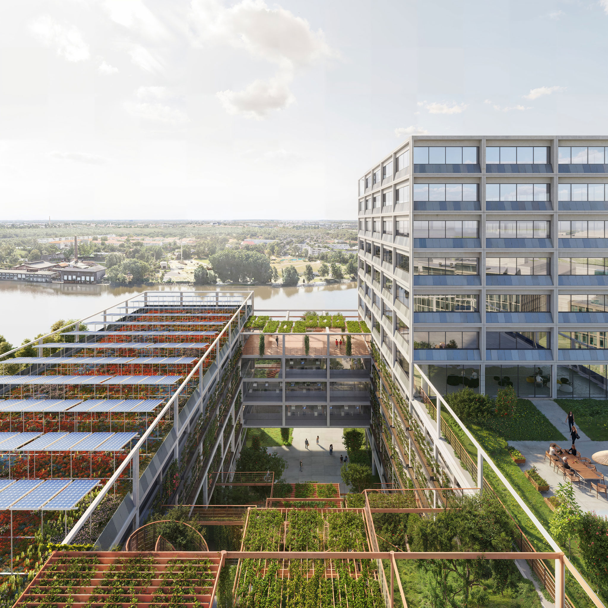 Rendering. Hybrid building on Berlin's Behrens-Ufer by HENN.