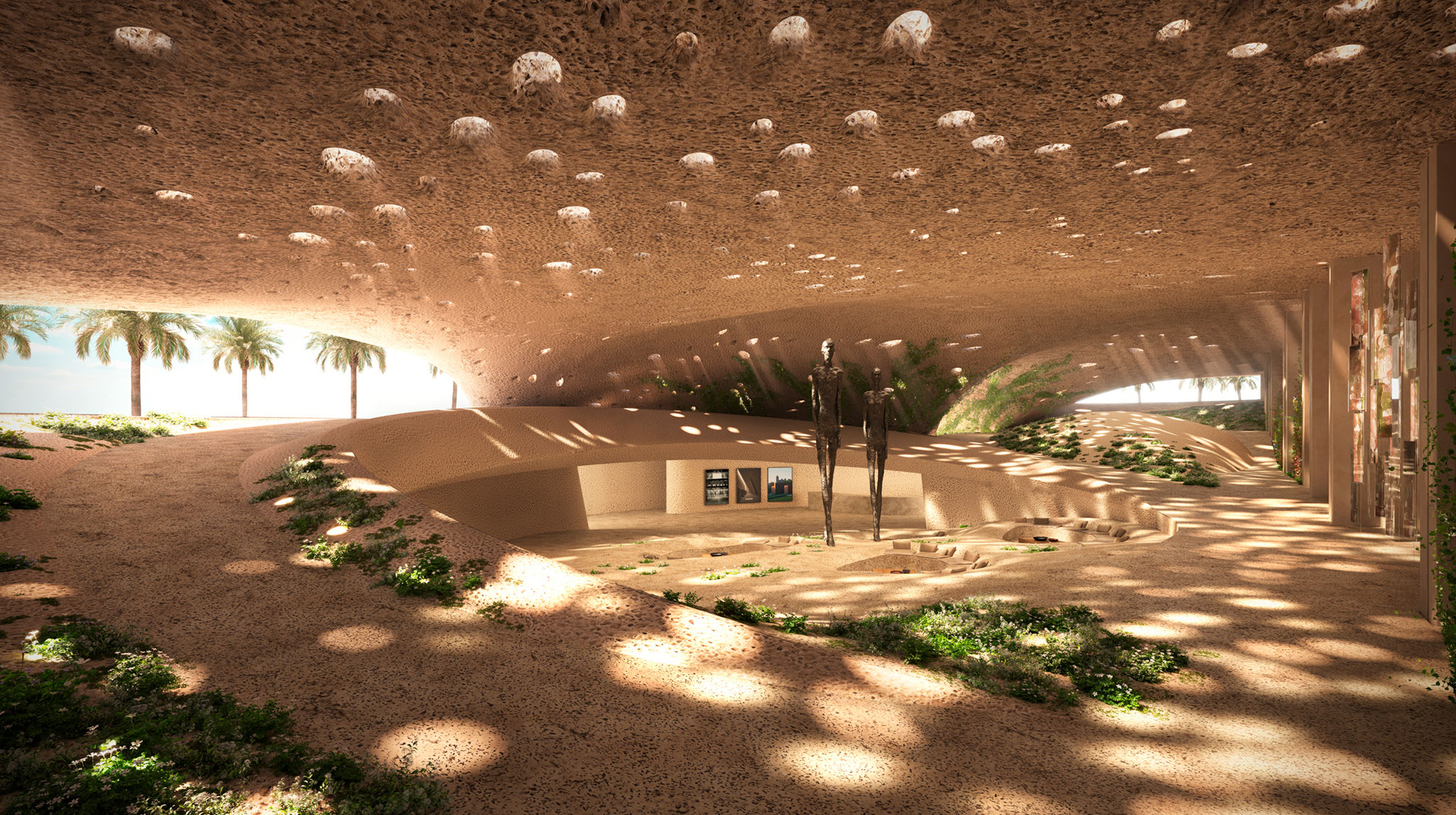 A communal underground ‘oasis’ recreational area at the base of the building is shaded from heat and sun. Muraba Veil by RCR Arquitectes. Rendering courtesy by RCR Arquitectes, Muraba & MARCH.