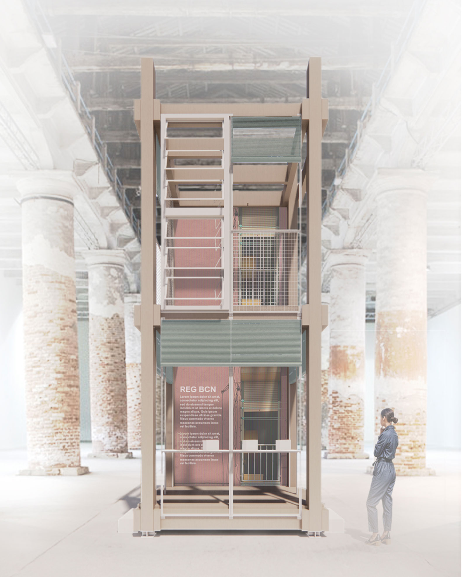 Rendering of the exhibition installation “Open Regeneration of Housing Estates in Barcelona”, to be built in the central pavilion of the Biennale di Architettura 2025 in Venice, curated by Carlo Ratti. Rendering by REARQ-UPC.