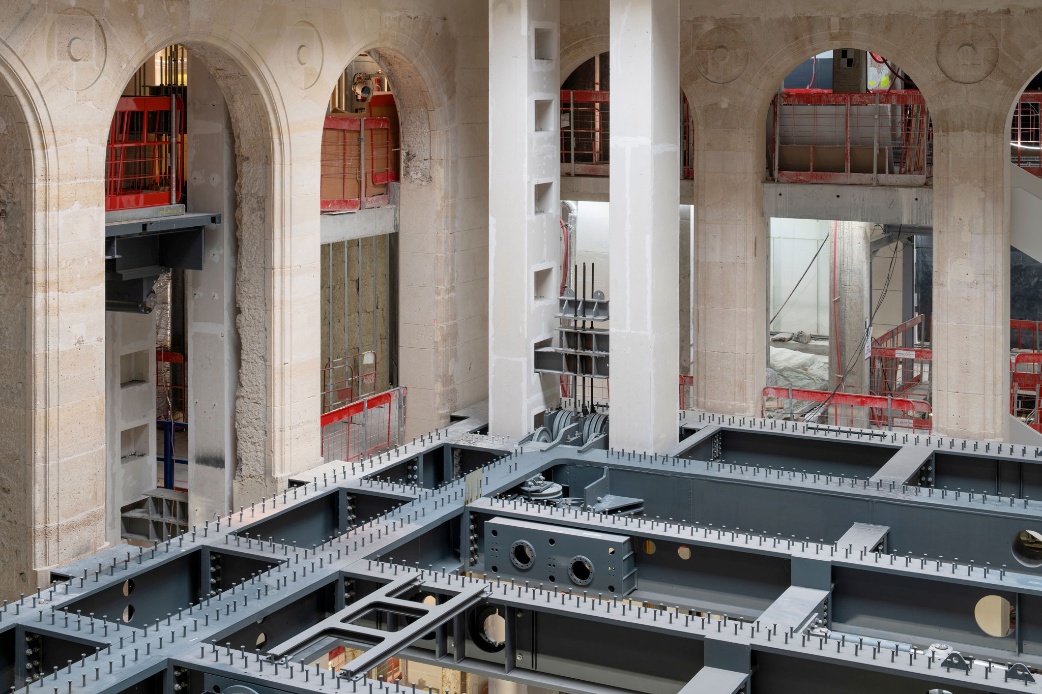 Building site view of the Fondation Cartier pour l’art contemporain’s future premises, place du Palais-Royal, Paris. View of platform 1 in construction. December 2023. Photograph by Martin Argyroglo