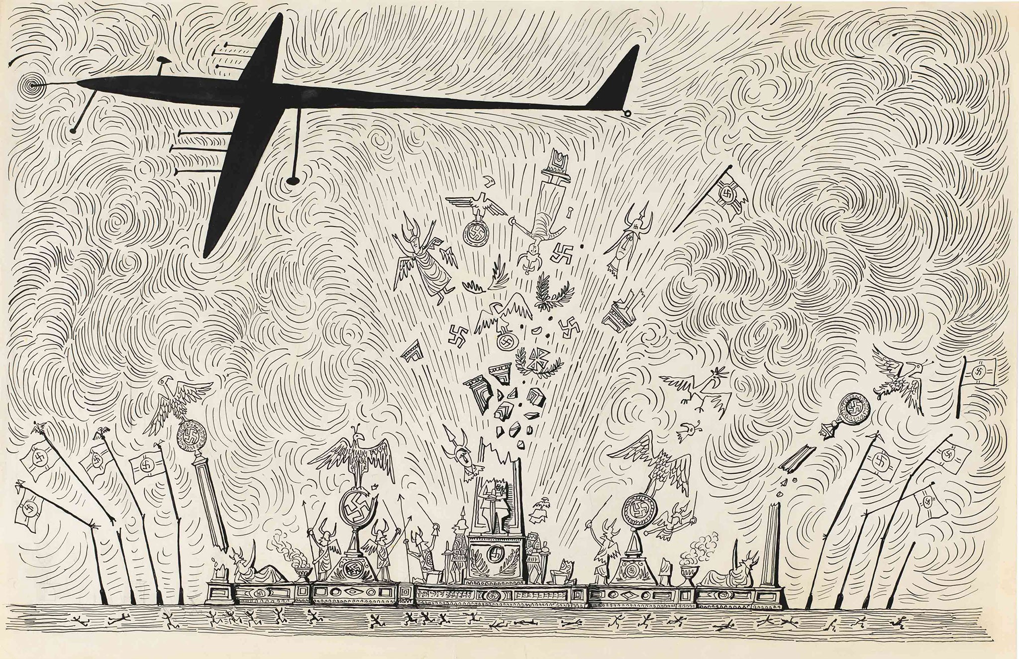 Bombardeo, Núremberg por Saul Steinberg, c. 1945. Tinta sobre papel. 38,1 × 59,1 cm. The Estate of Michael K. Vlock. Fotografía por Jenny Gorman. Fotografía cortesía por The Saul Steinberg Foundation VEGAP, Madrid, 2024.