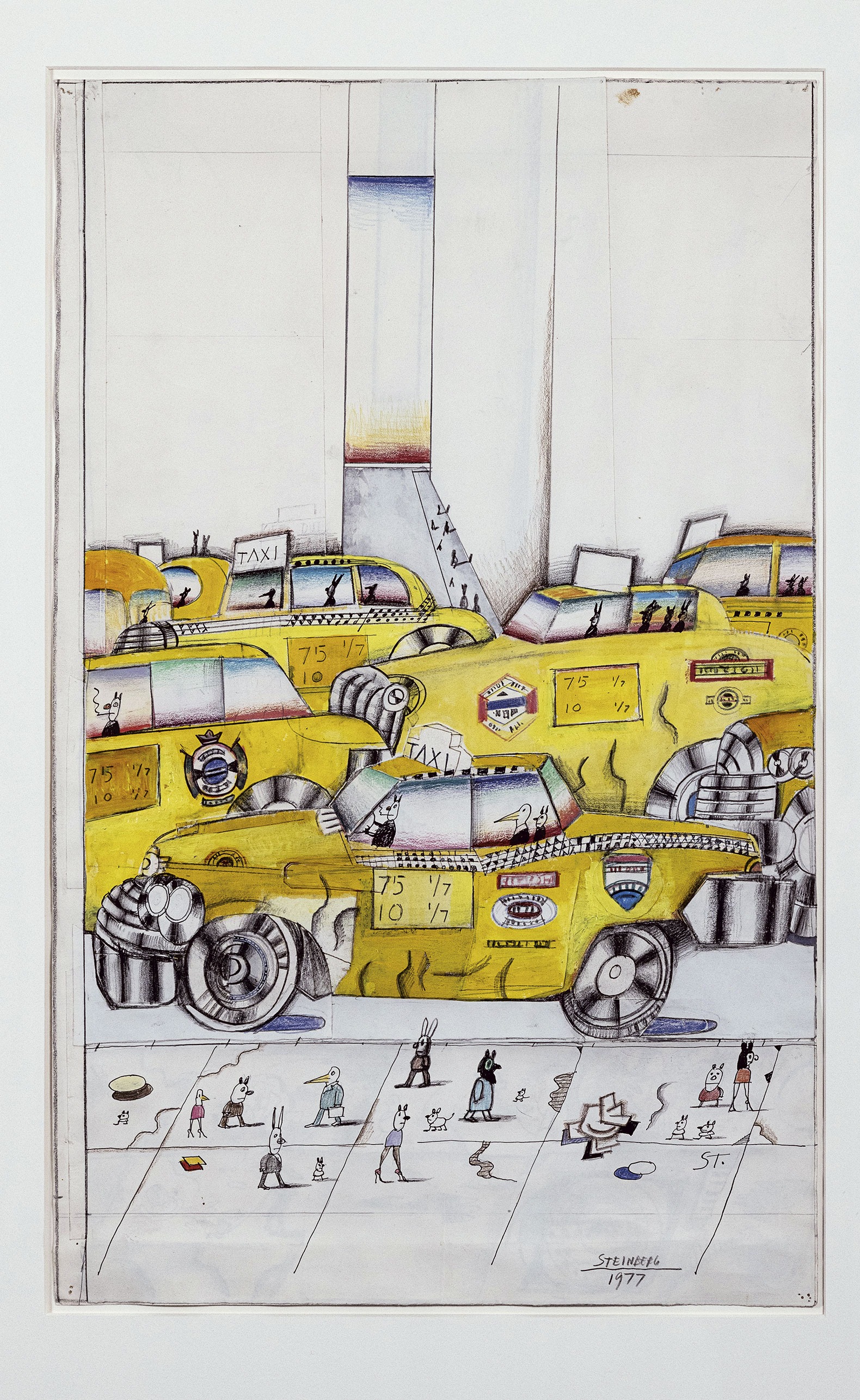 Taxis de Nueva York por Saul Steinberg, 1977. Collage, tinta, lápiz y acuarela sobre papel. 57,8 × 34,9 cm. Colección Carol y Douglas Cohen. Fotografía cortesía por The Saul Steinberg Foundation VEGAP, Madrid, 2024.