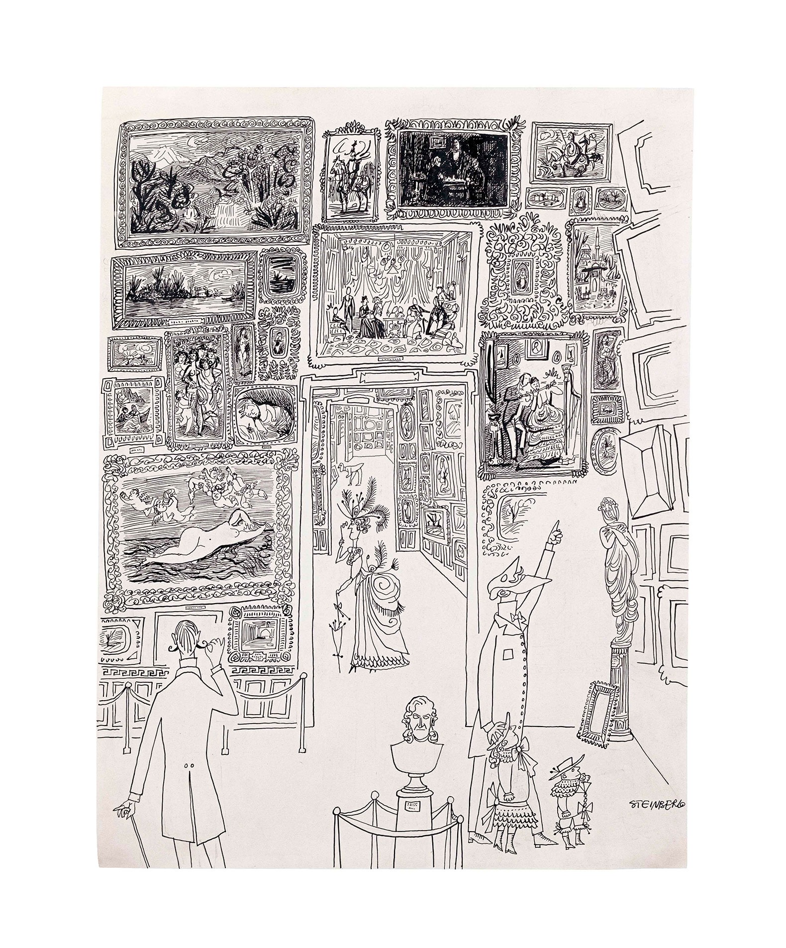 El museo por Saul Steinberg, c. 1949. Tinta sobre papel. 47 × 35,9 cm. Colección Carol y Douglas Cohen. Fotografía cortesía por The Saul Steinberg Foundation VEGAP, Madrid, 2024.