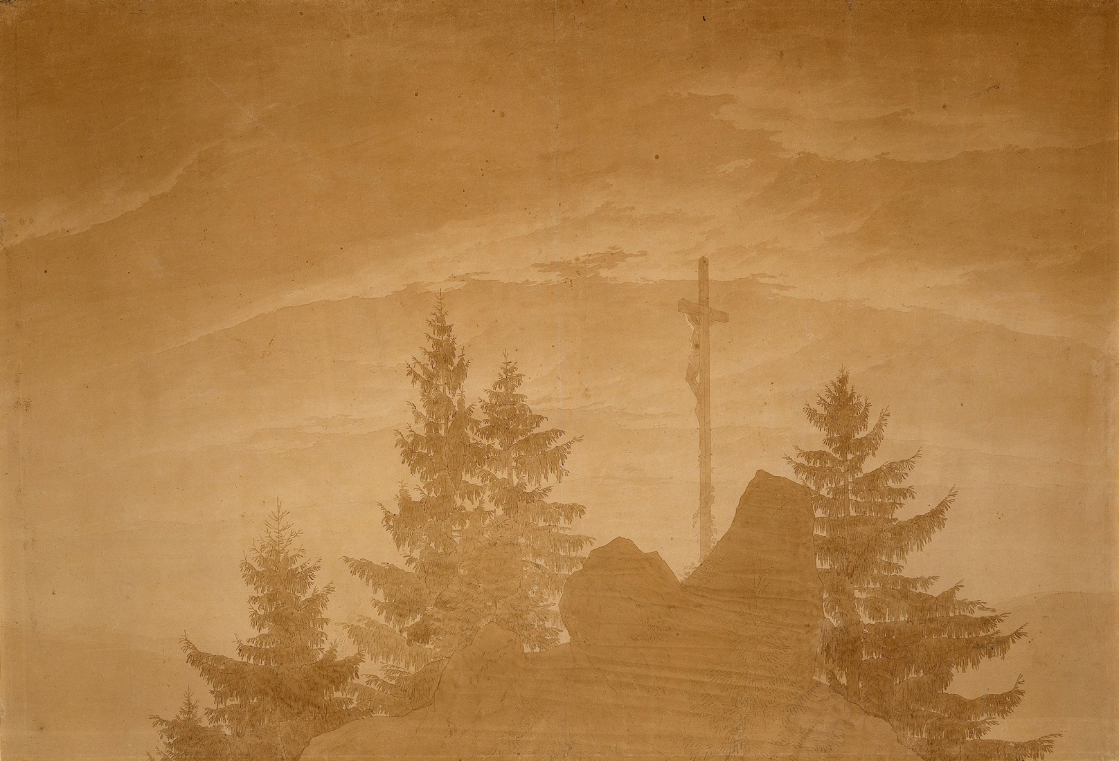 Caspar David Friedrich, Das Kreuz im Gebirge / The Cross in the Mountains, detail, around 1805/1807. Photograph by Staatliche Museen zu Berlin, Kupferstichkabinett / Reinhard Saczewski. 