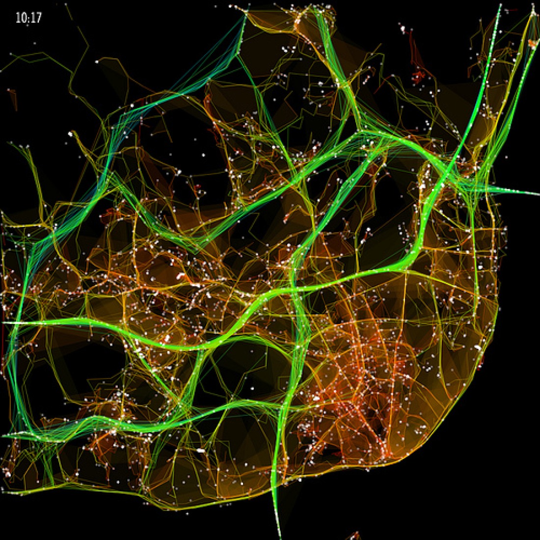 1,534 vehículos, en octubre de 2009 en Lisboa, dejando rastros de ruta, condensados en un solo día. Las arterias rápidas se dibujan con colores verde y frios, mientras que los más lentos son de color rojizo y más calientes. Sin embargo, la intensidad del tráfico se asigna según el espesor y el brillo de las arterias. Los puntos blancos representan los vehículos, y hay un énfasis visual en las zonas con tráfico más lento.