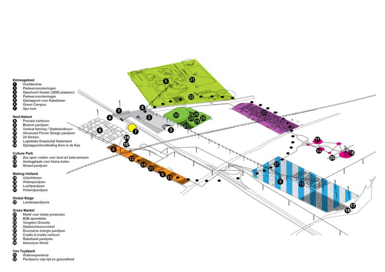 Axonometría general. World Expo Floriade 2022, por OMA. Cortesía de Floriade2022.