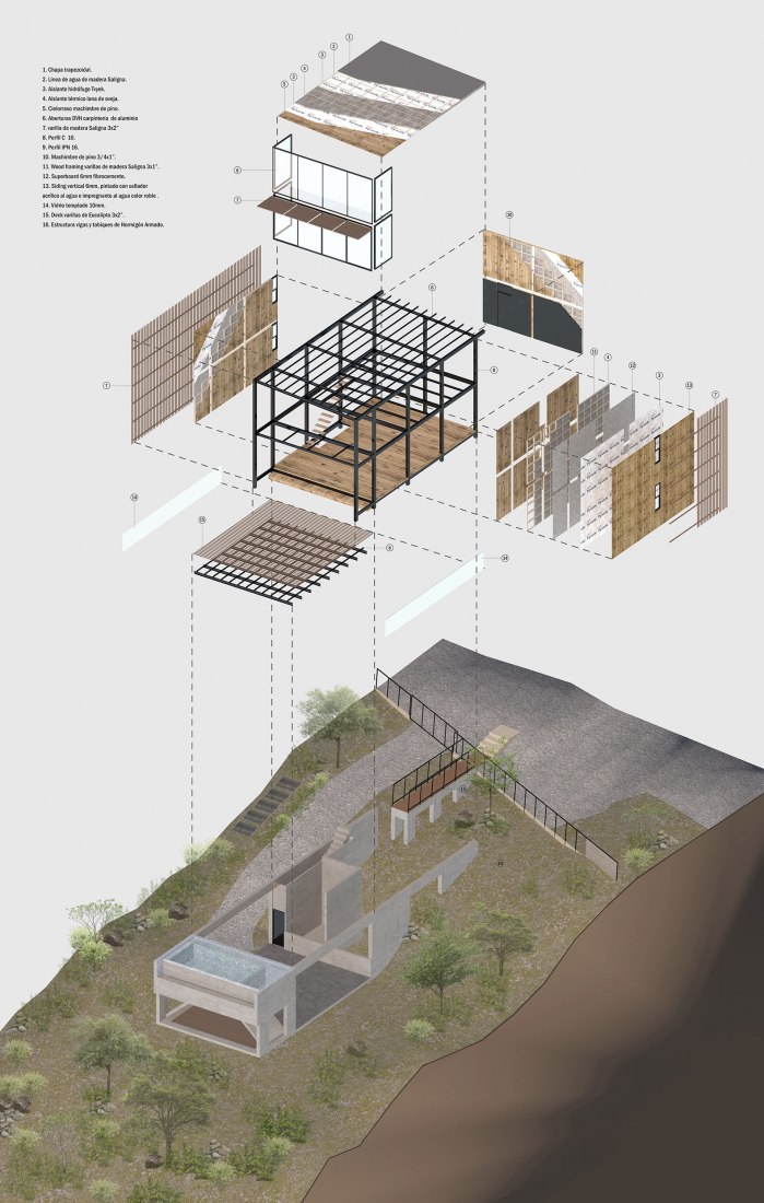 Axonometría constructiva. Siquiman Lodge por Pablo Senmartin Arquitectos.