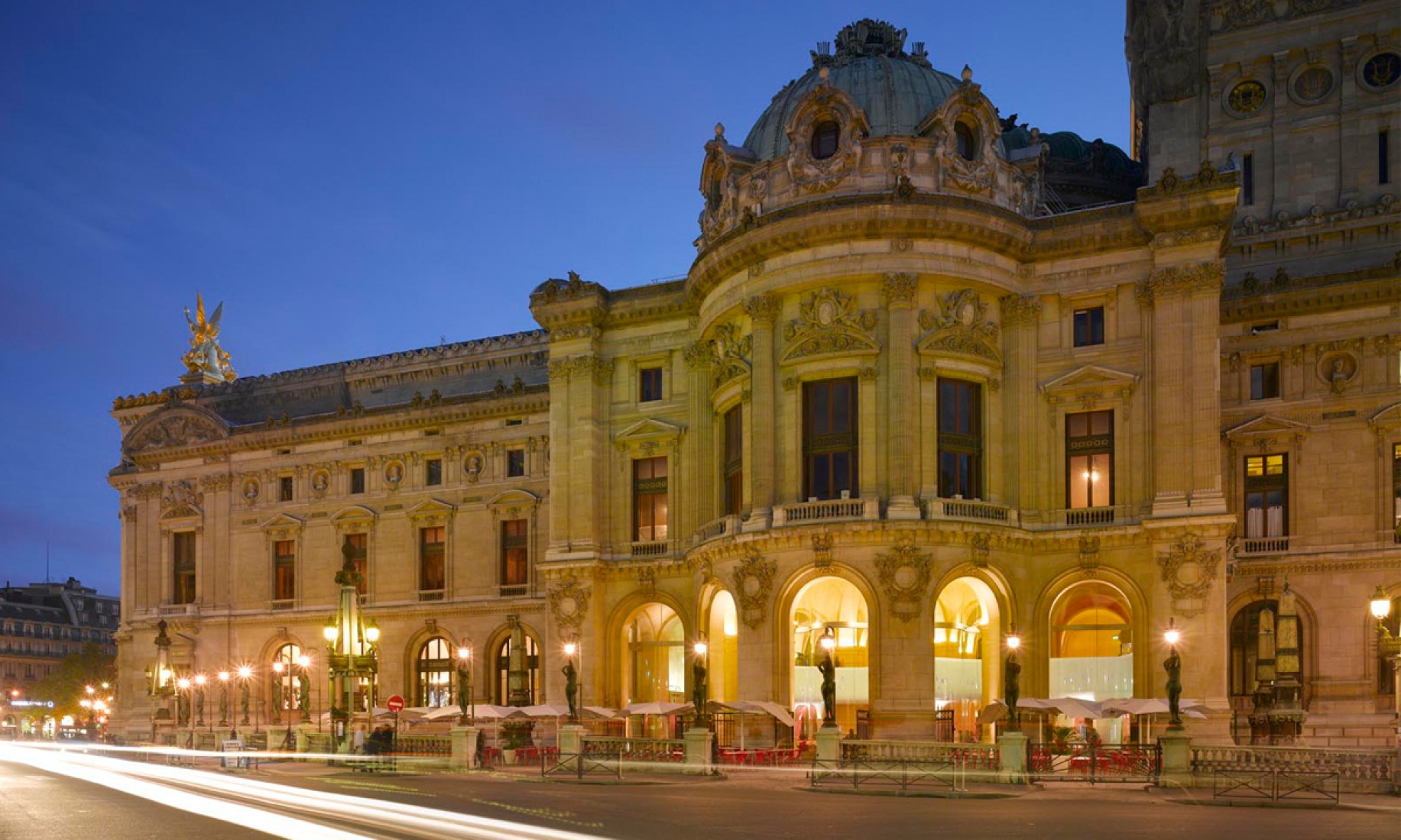 Exterior view. The Opera Garnier Restaurant by Odile Decq Benoit Cornette. Photography © Roland Halbe.  ODBC.