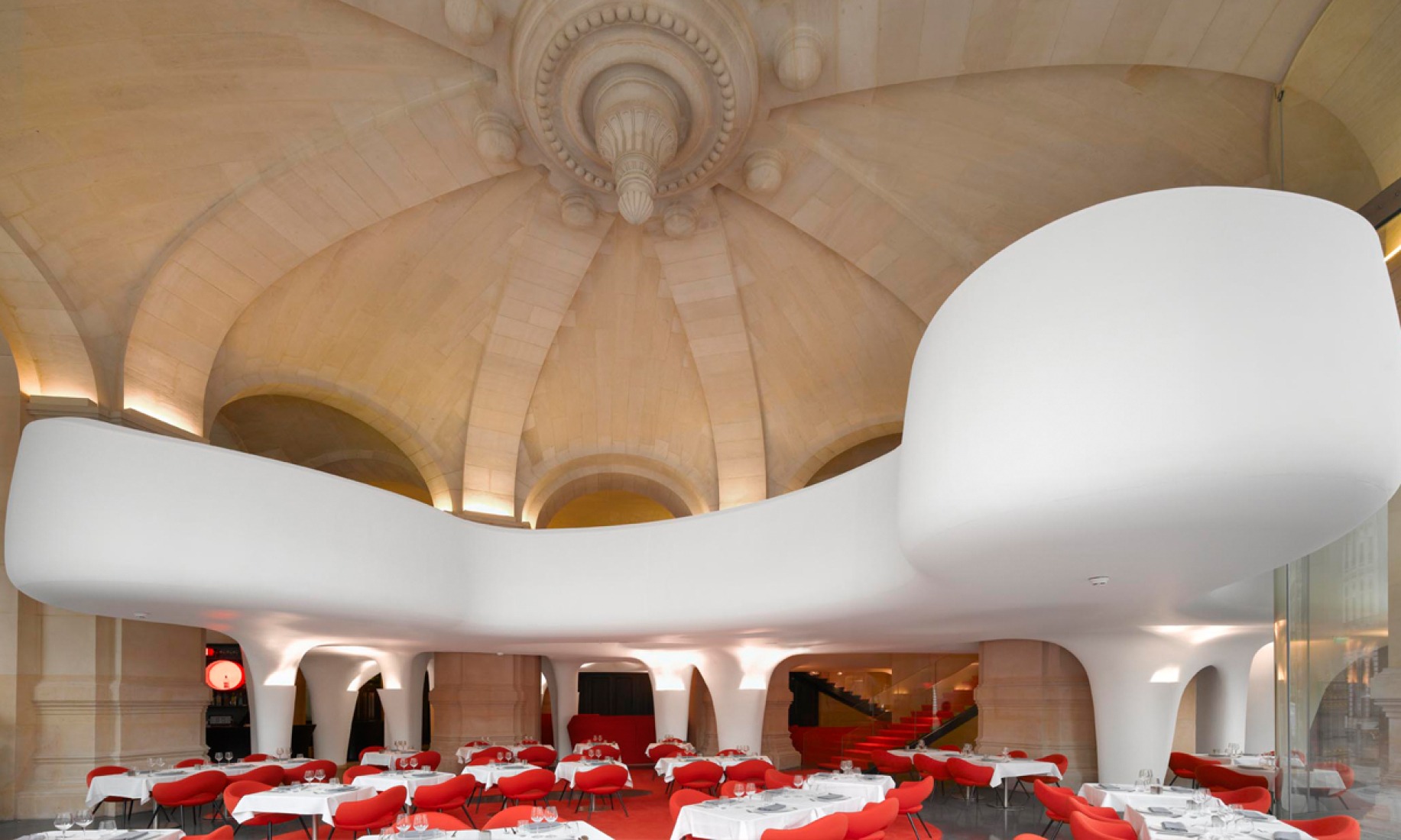 Interior view of the whole, new and old. The Opera Garnier Restaurant by Odile Decq Benoit Cornette. Photography © Roland Halbe.  ODBC.