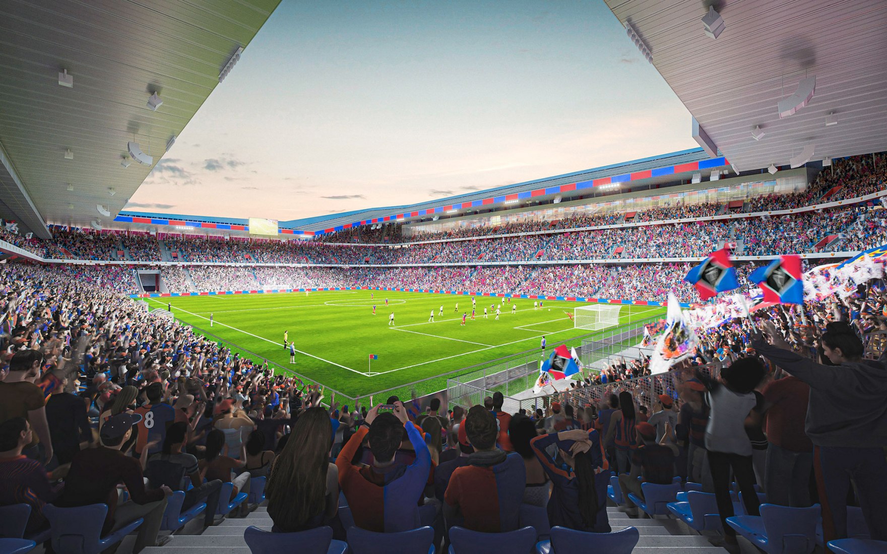 Rendering. New St. Jakob Park stadium, "Joggeli" by Herzog & de Meuron. Rendering by Vorstudie.