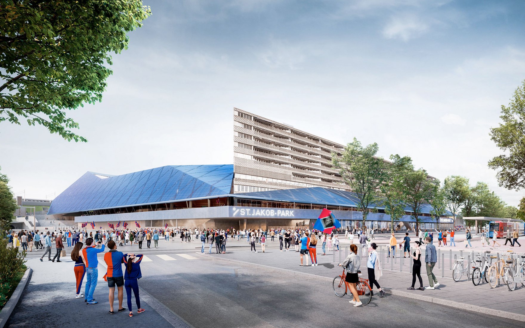 Rendering. New St. Jakob Park stadium, "Joggeli" by Herzog & de Meuron. Rendering by Vorstudie.