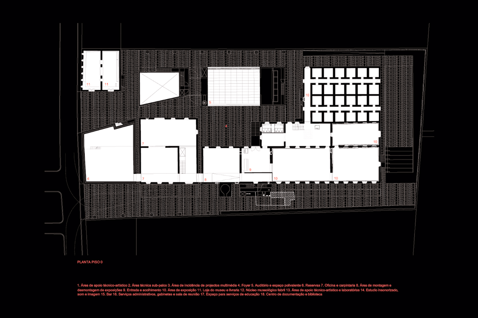 Ground floor plan. Arquipélago - Contemporary Arts Centre by João Mendes Ribeiro and Menos é Mais Arquitectos.