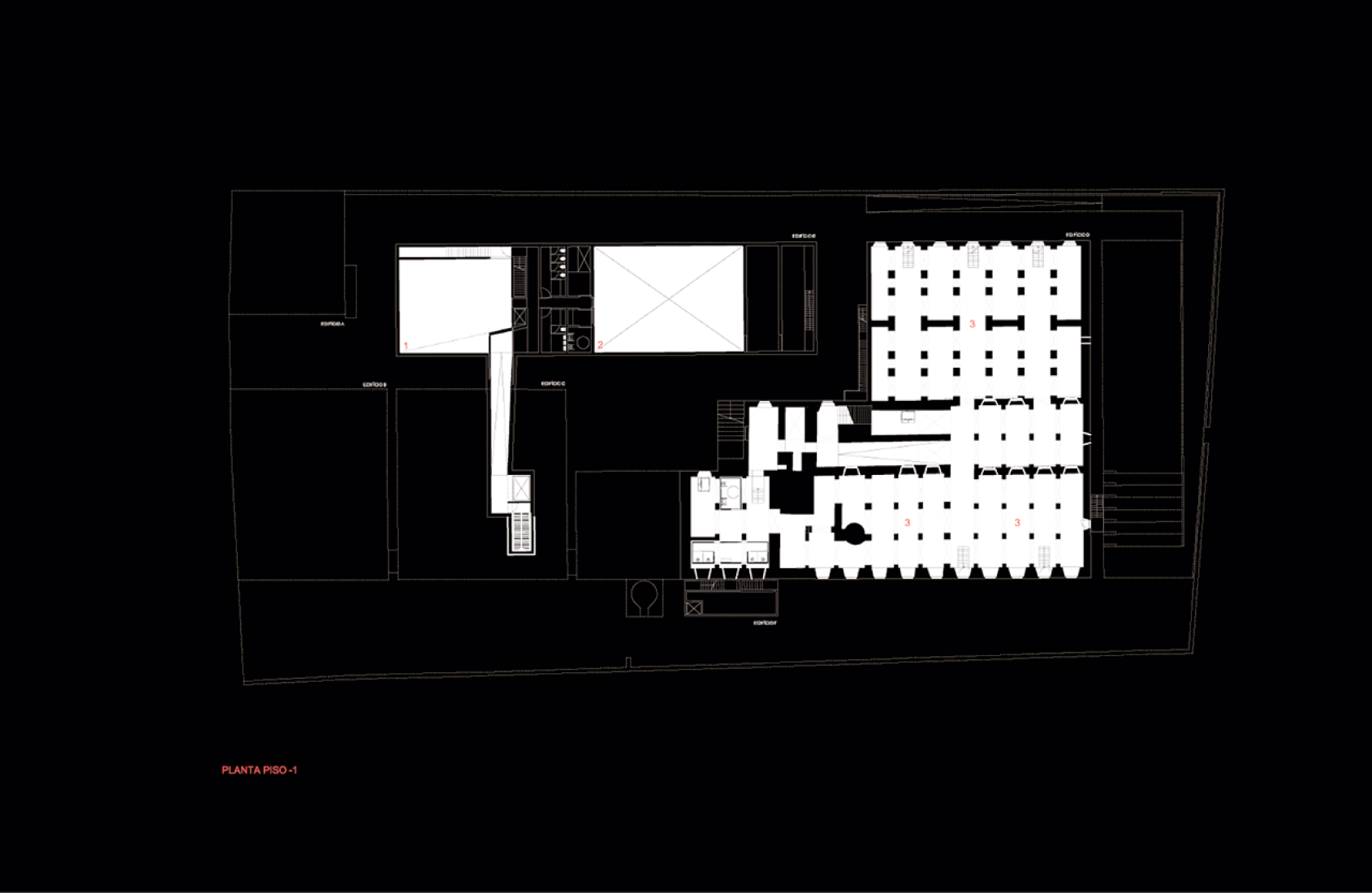 Basement plan. Arquipélago - Contemporary Arts Centre by João Mendes Ribeiro and Menos é Mais Arquitectos.