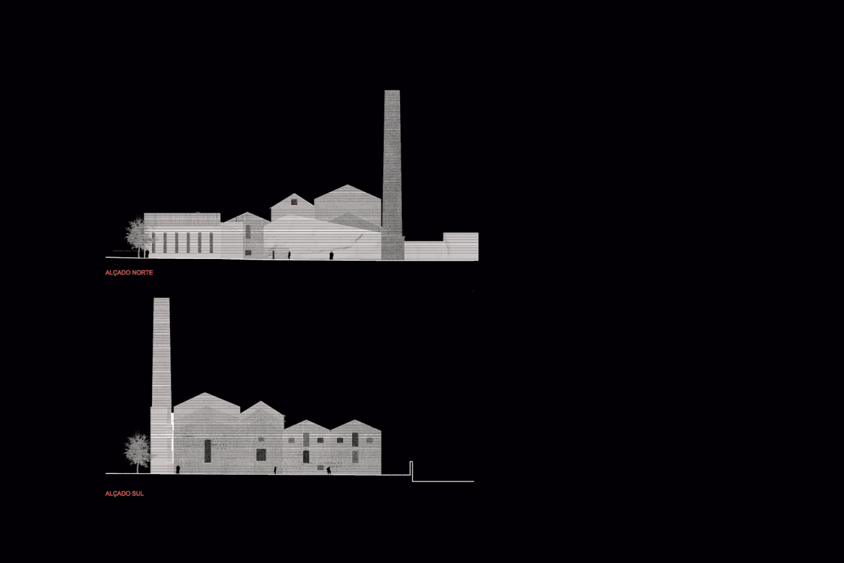 North and South elevations. Arquipélago - Contemporary Arts Centre by João Mendes Ribeiro and Menos é Mais Arquitectos.