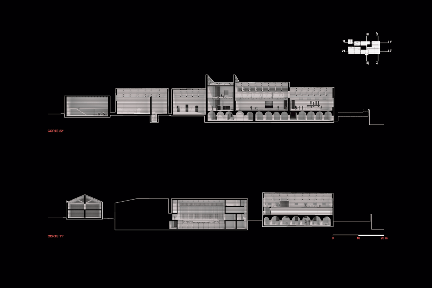 Sections. Arquipélago - Contemporary Arts Centre by João Mendes Ribeiro and Menos é Mais Arquitectos.