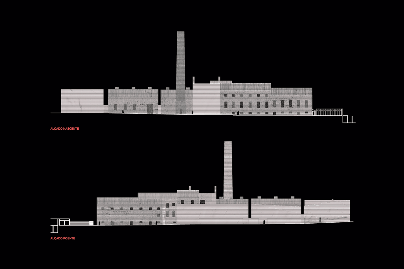 East and west elevations. Arquipélago - Contemporary Arts Centre by João Mendes Ribeiro and Menos é Mais Arquitectos.