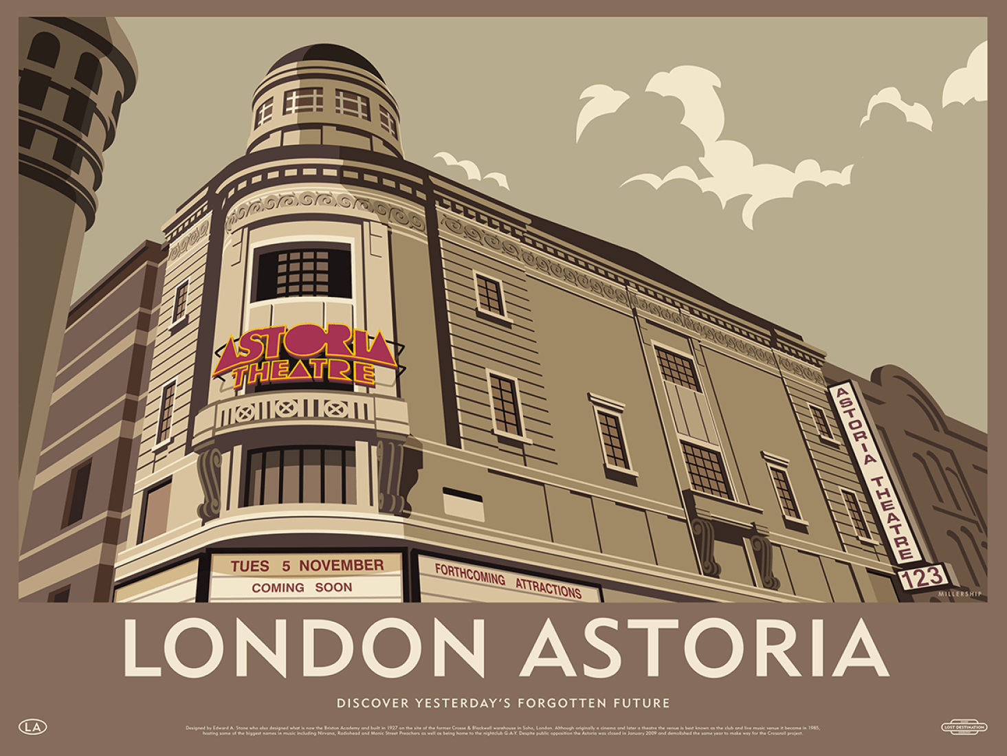 Ilustración del London Astoria. Lost Destination por Dorothy y Stephen Millership.