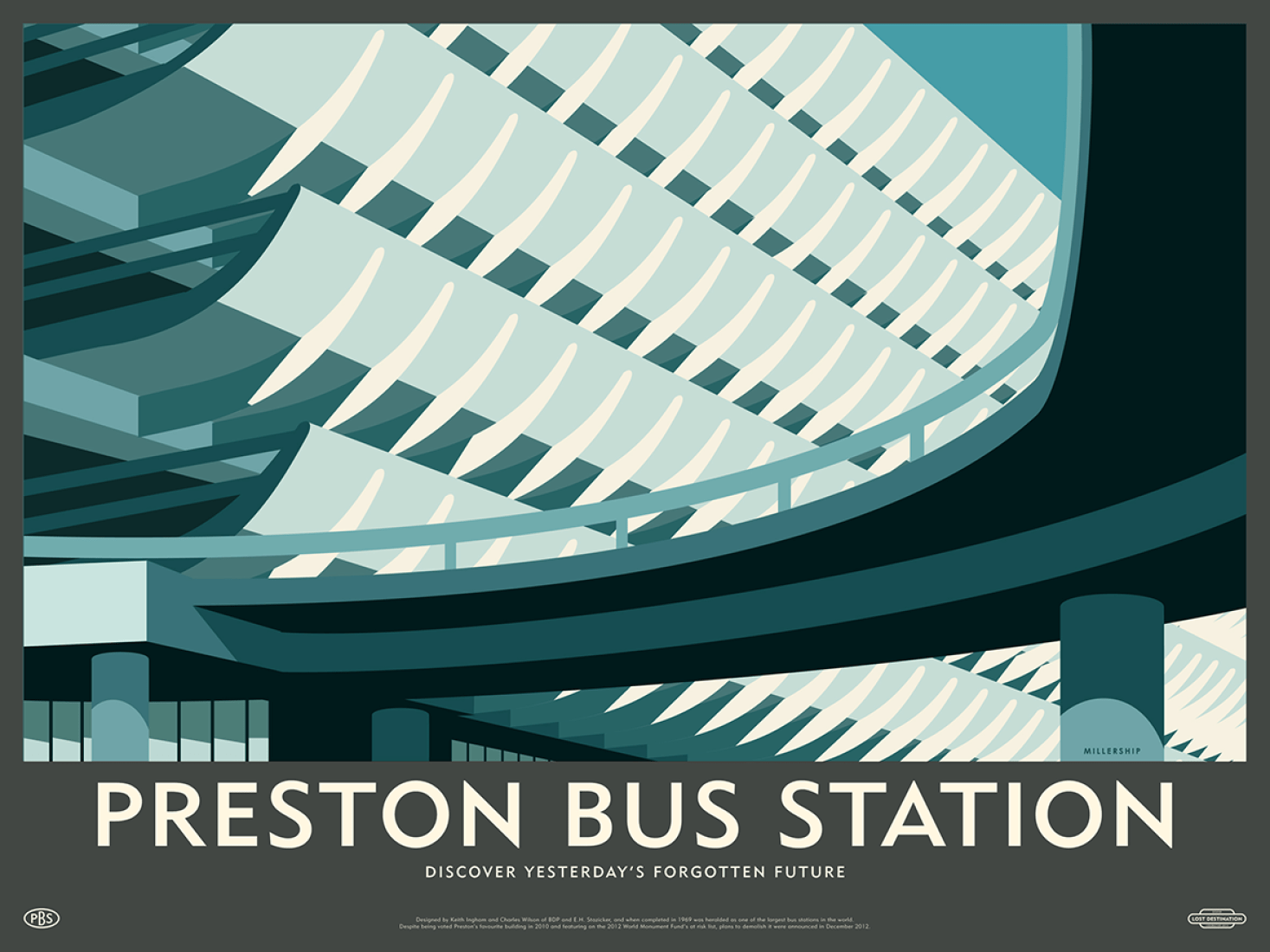 Ilustración de la estación de autobuses Preston. Lost Destination por Dorothy y Stephen Millership.  of the Preston bus station. Lost Destination by Dorothy and Stephen Millership.