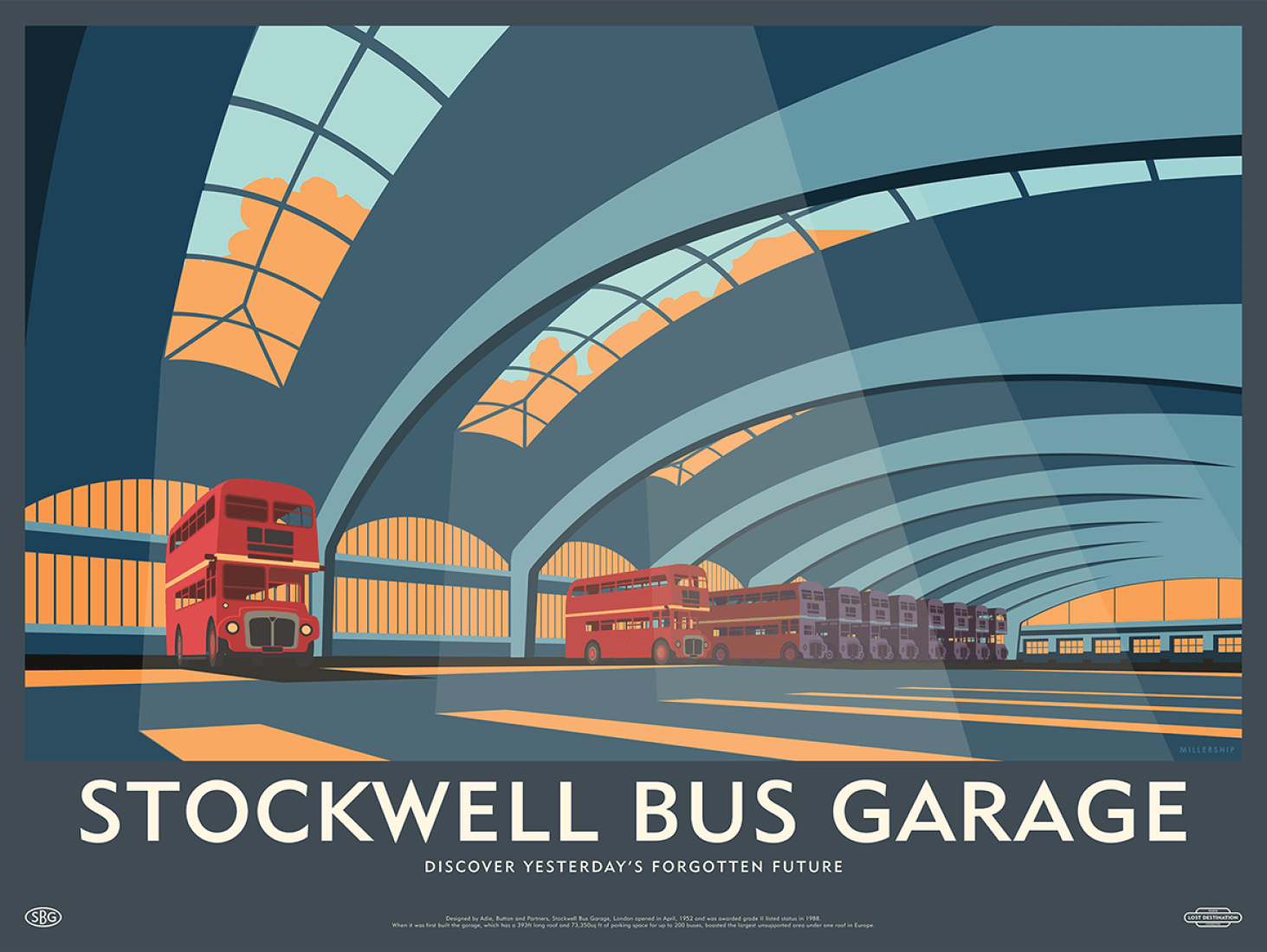 Ilustración de la estación de autobuses Stockwell. Lost Destination por Dorothy y Stephen Millership.