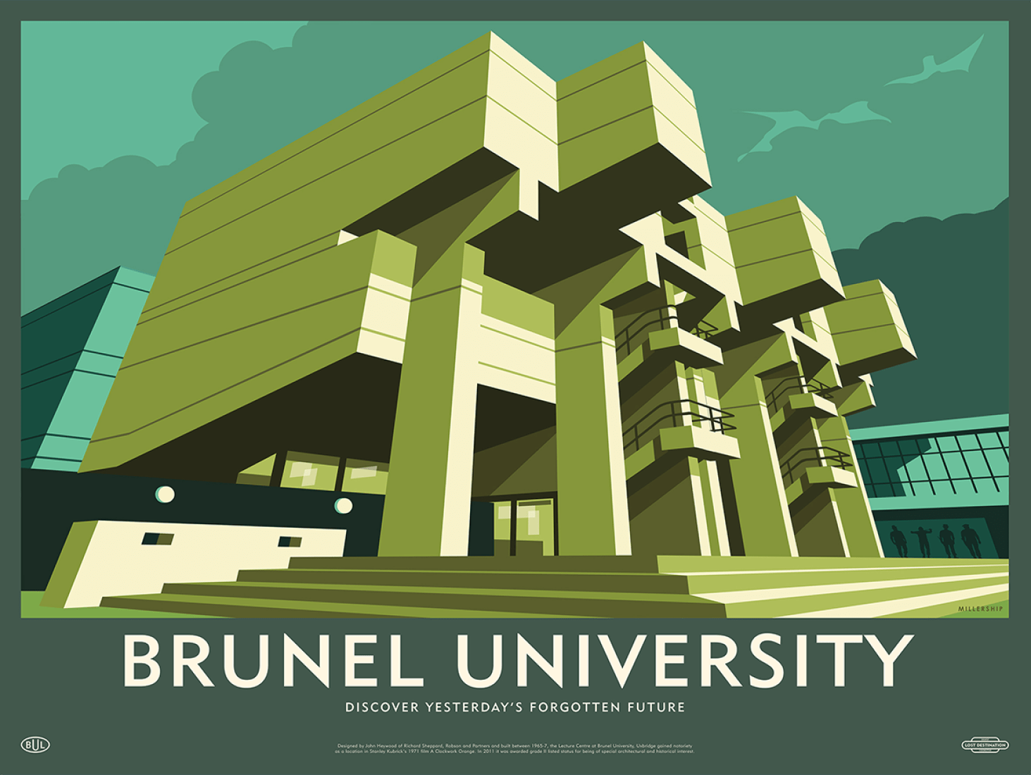 Ilustración de la Brunel University. Lost Destination por Dorothy y Stephen Millership.e Brunel University. Lost Destination by Dorothy and Stephen Millership.