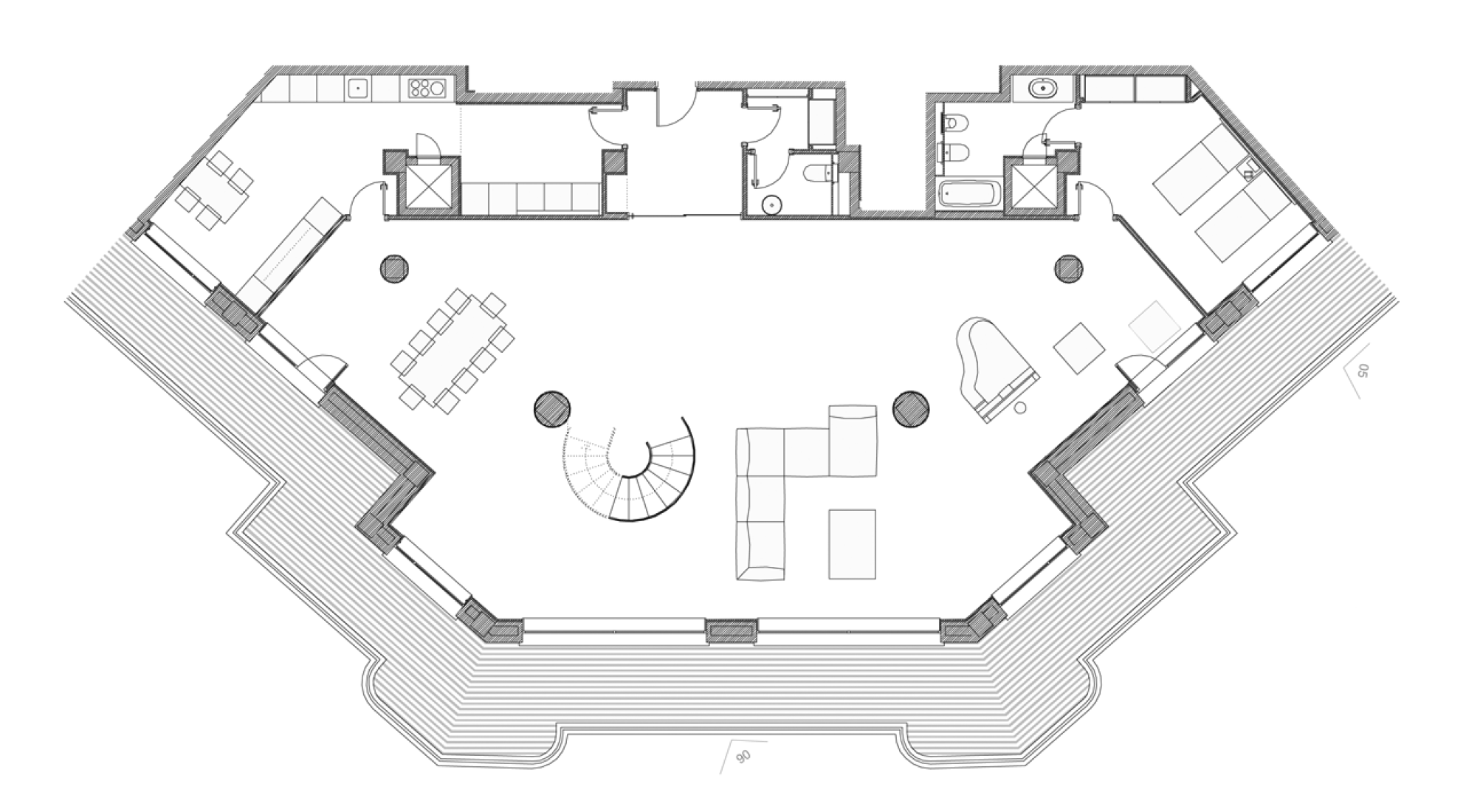 Lower floor plan of the attic in 32nd floor. Torre de Madrid by Julián and José María Otamendi. Remodelling by Bod Arquitectura e ingeniería (Laura Díaz Gómez, Ignacio Oritz Alonso y Javier Allona Alberich). 