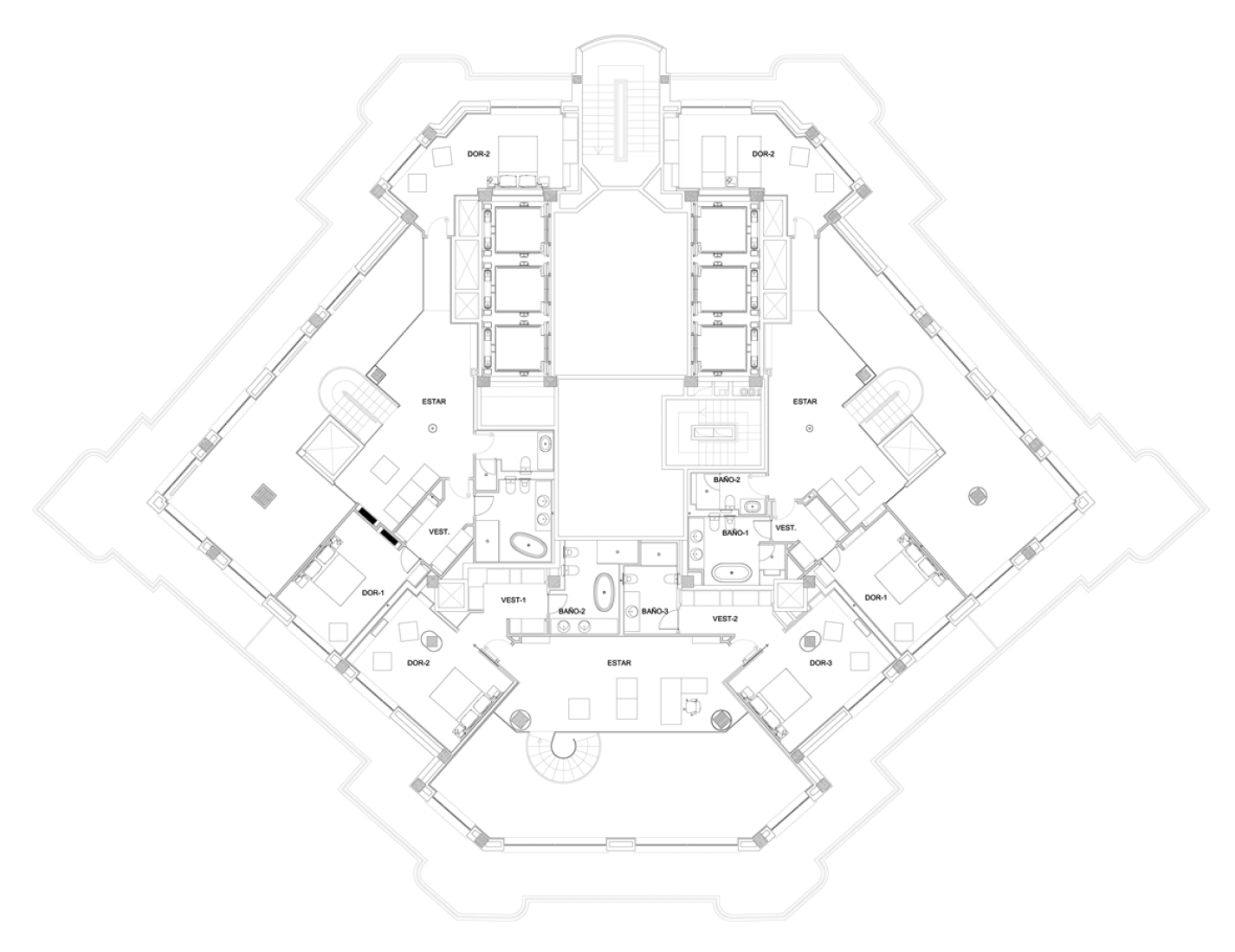 Upper floor plan of the 32nd floor. Torre de Madrid by Julián and José María Otamendi. Remodelling by Bod Arquitectura e ingeniería (Laura Díaz Gómez, Ignacio Oritz Alonso y Javier Allona Alberich).