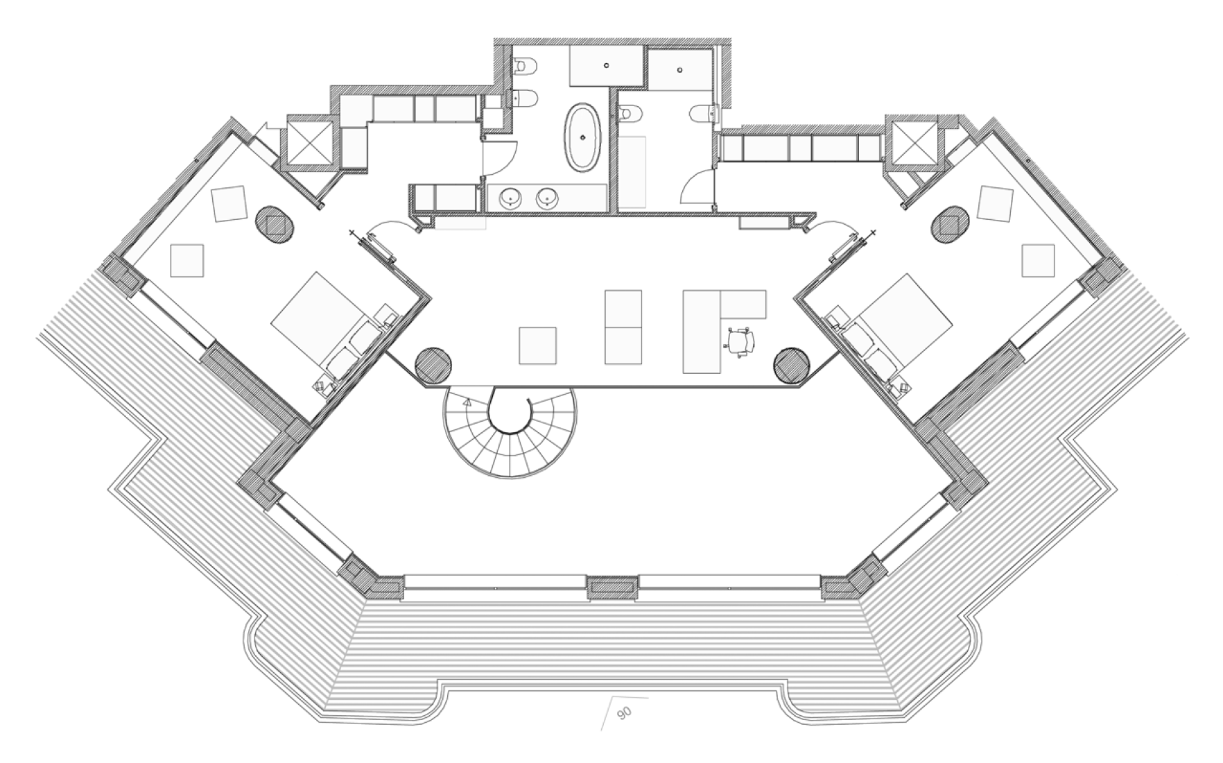 Upper floor plan of the attic in 32nd floor. Torre de Madrid by Julián and José María Otamendi. Remodelling by Bod Arquitectura e ingeniería (Laura Díaz Gómez, Ignacio Oritz Alonso y Javier Allona Alberich).