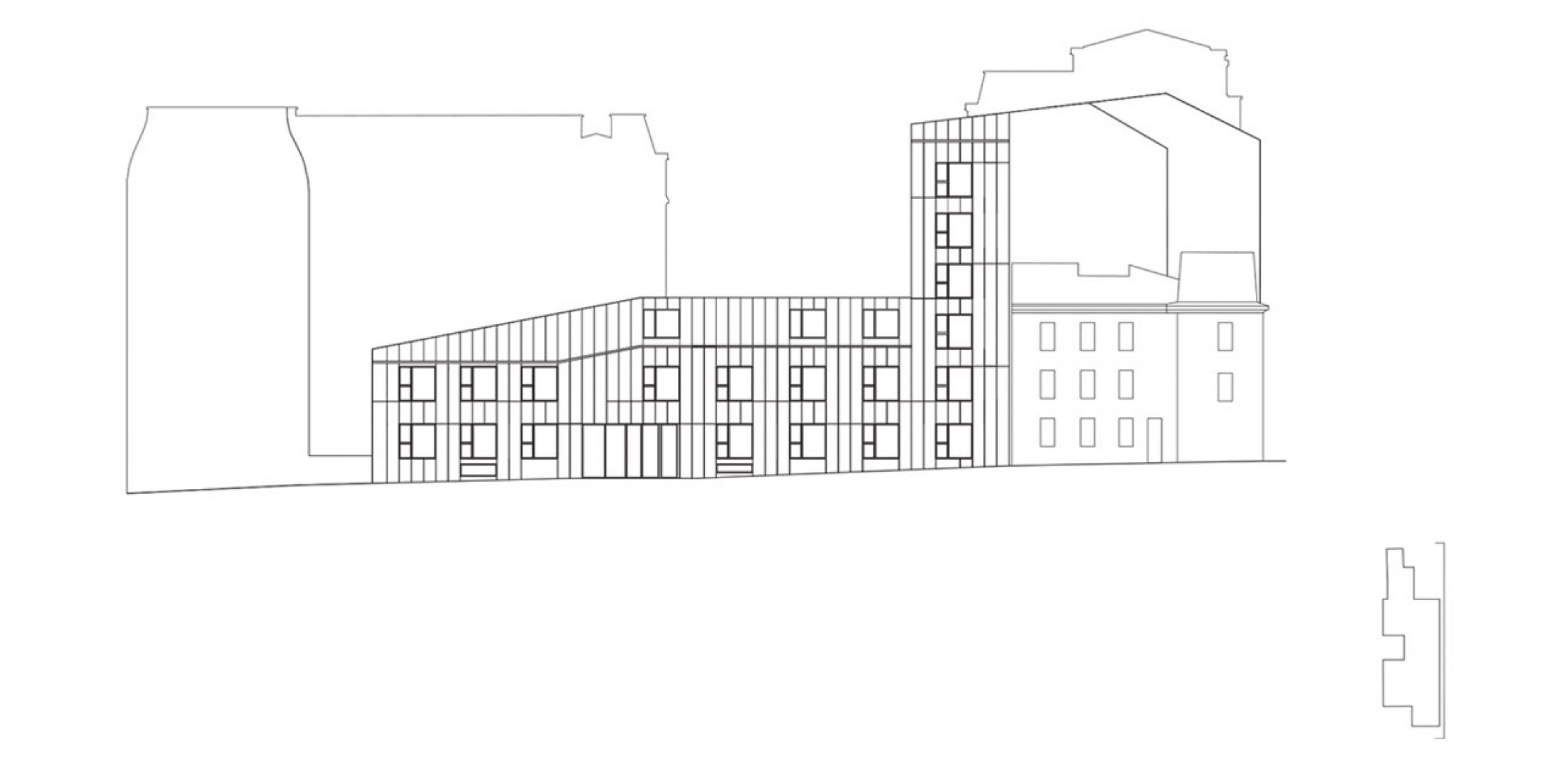 South-East elevation. An urban health center by AZC. 