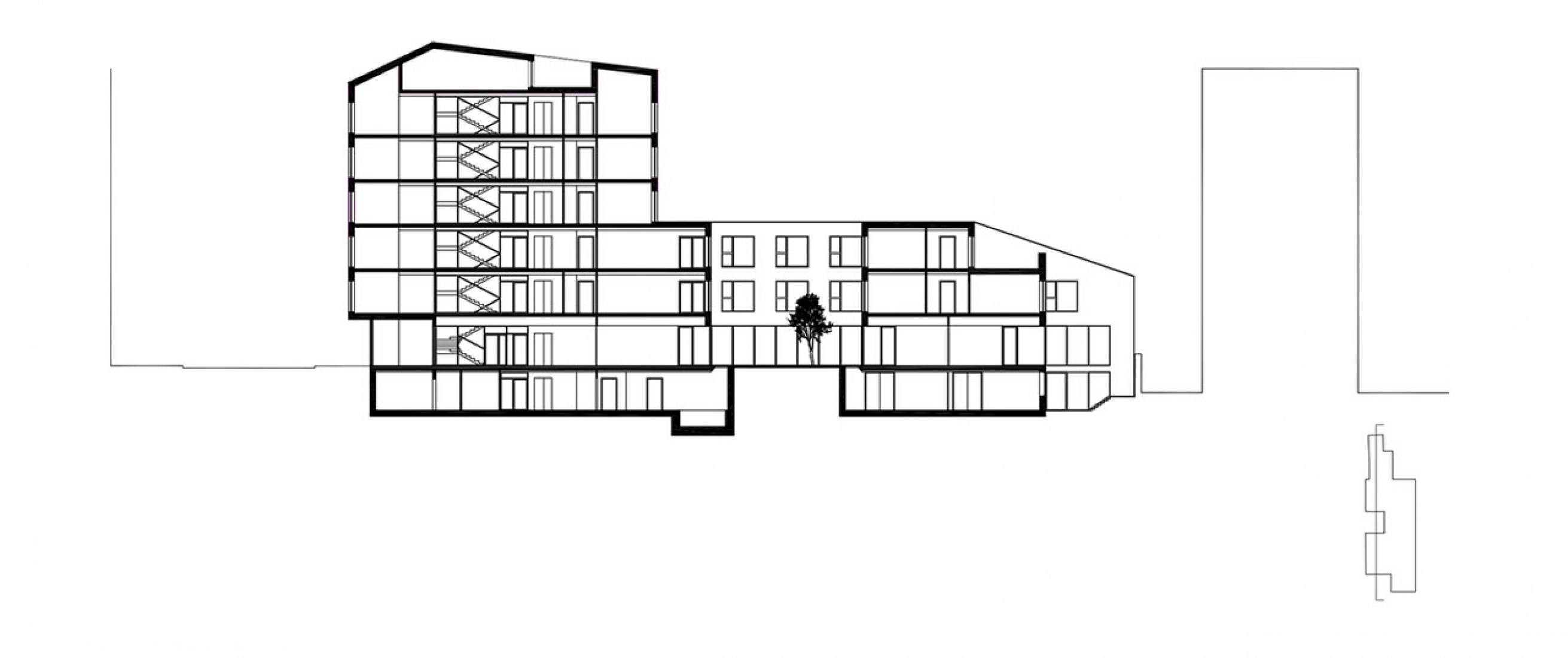 Longitudinal section. An urban health center by AZC. 