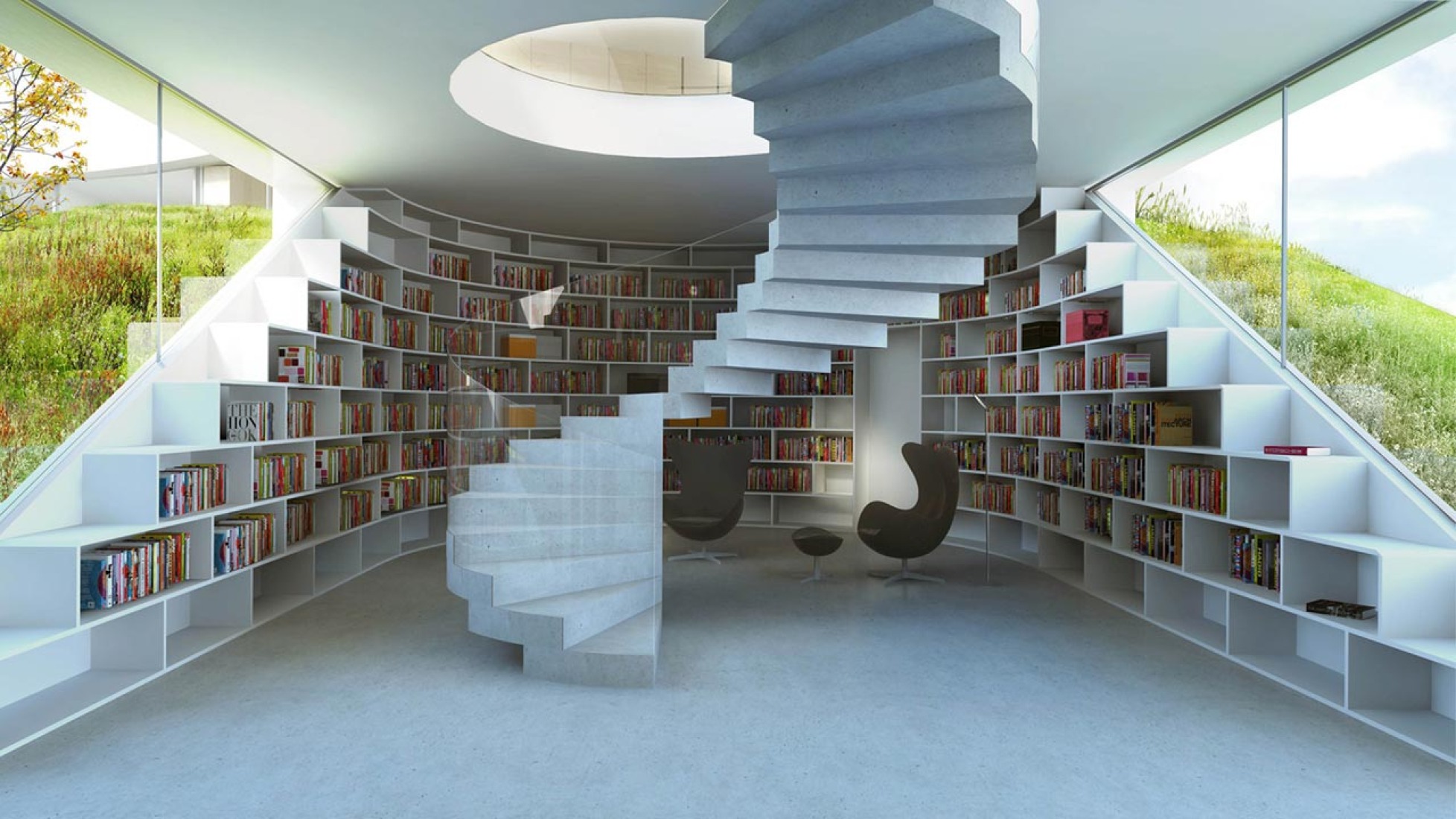 Staircase and library. Villa Gug by BIG. Image © BIG-Bjarke Ingels Group.