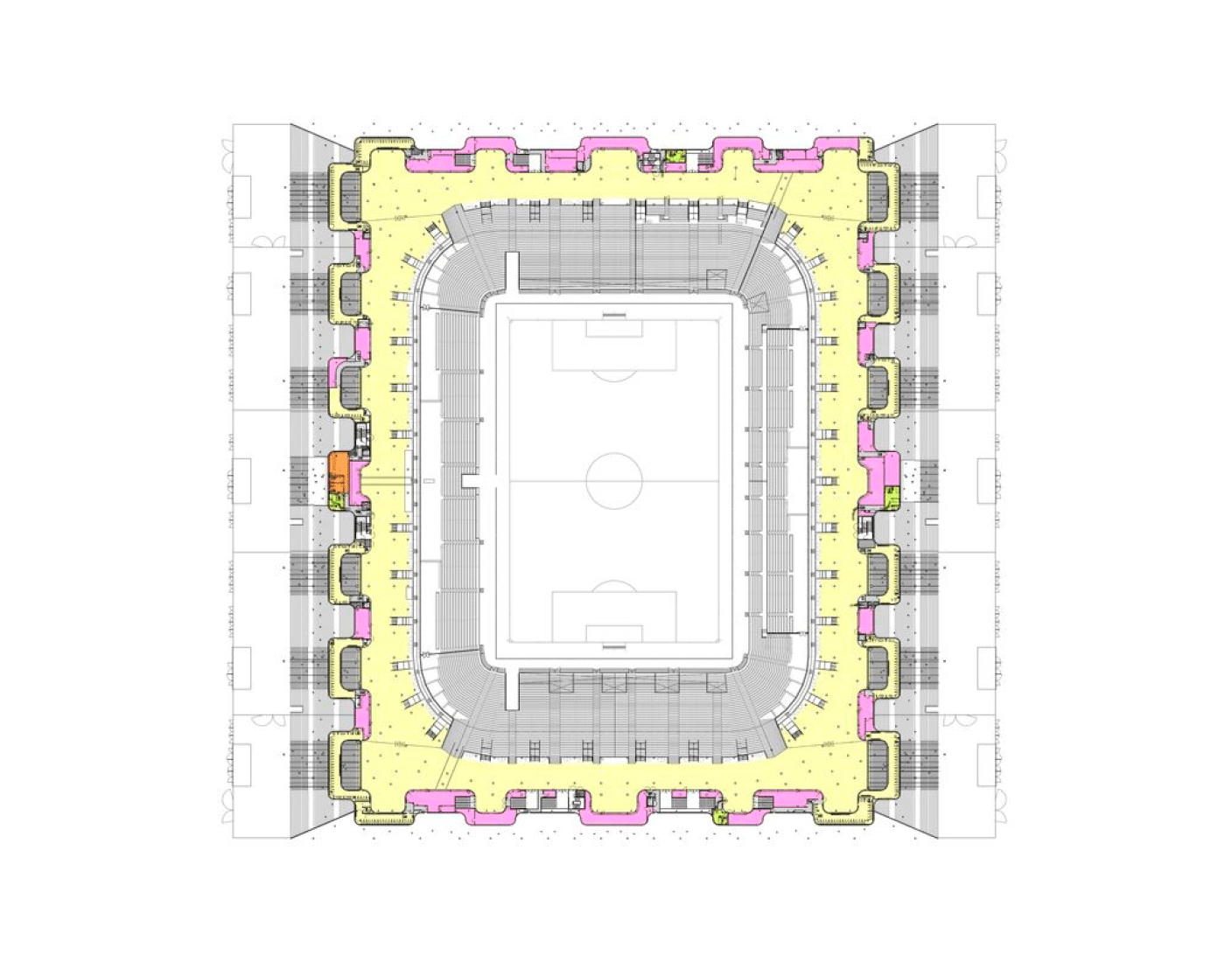 Third floor plan. Circulation areas and direct access services. New Bordeaux Stadium by Herzog & De Meuron. Image courtesy of Nouveau Stade Bordeaux.