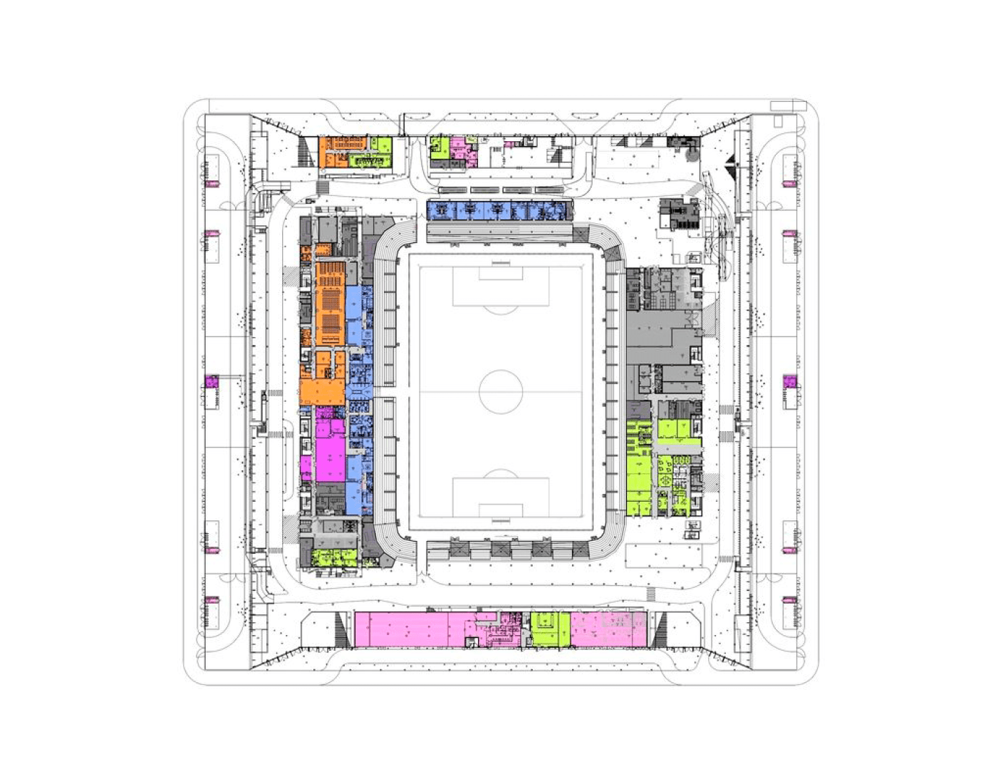 Lower floor plan, lockers and installations. New Bordeaux Stadium by Herzog & De Meuron. Image courtesy of Nouveau Stade Bordeaux.