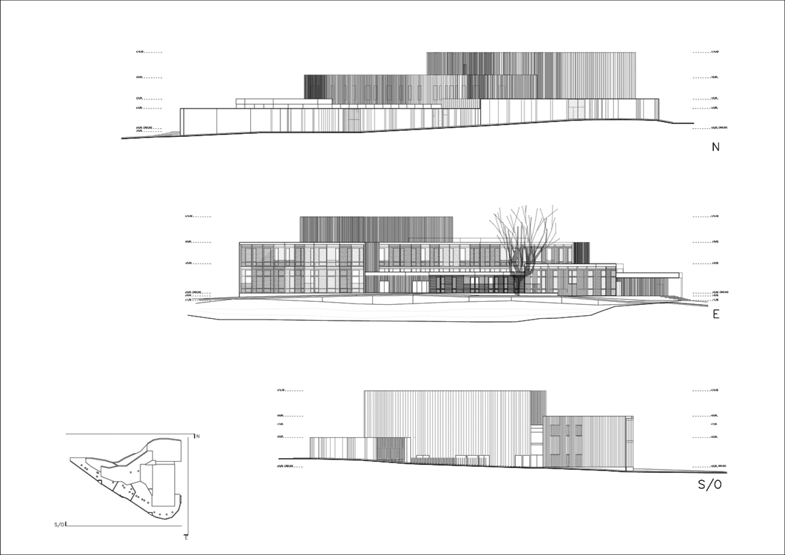 Elevations. Community centre 'El Roure' and library 'La Ginesta' by Calderon-Folch-Sarsanedas Arquitectes.