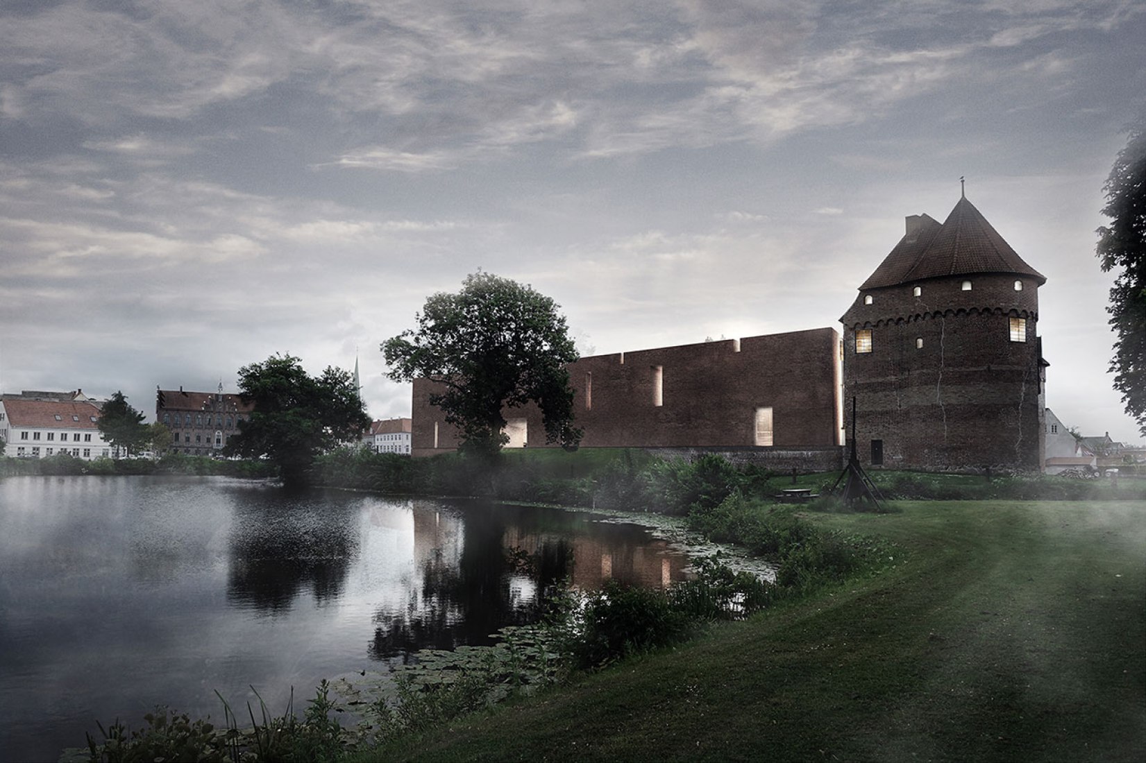 Night view. New Nyborg Castle by Cubo and jaja Architects.