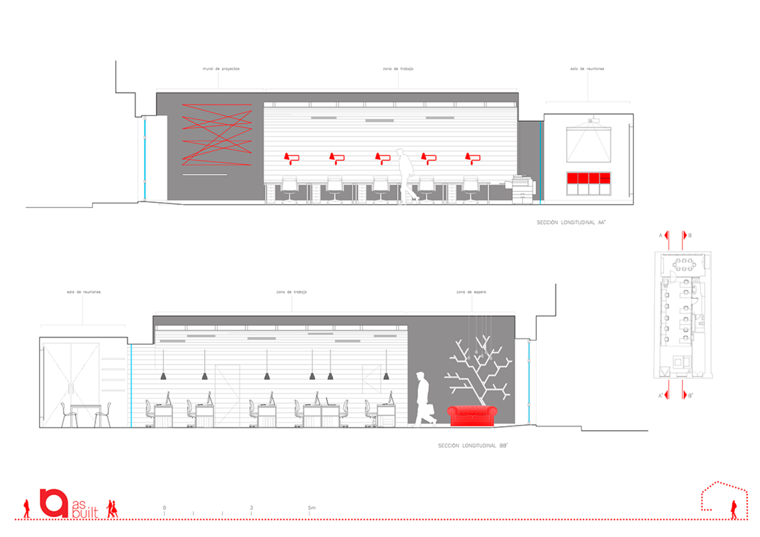 Inside elevations. Office for Architecture Studio and Coworking space by as-built.