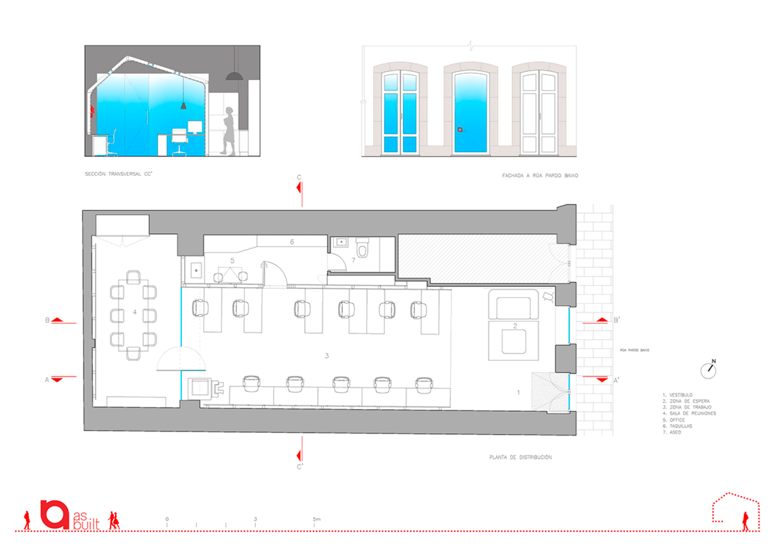 Ground floor plan, outside elevation and section. Office for Architecture Studio and Coworking space by as-built.