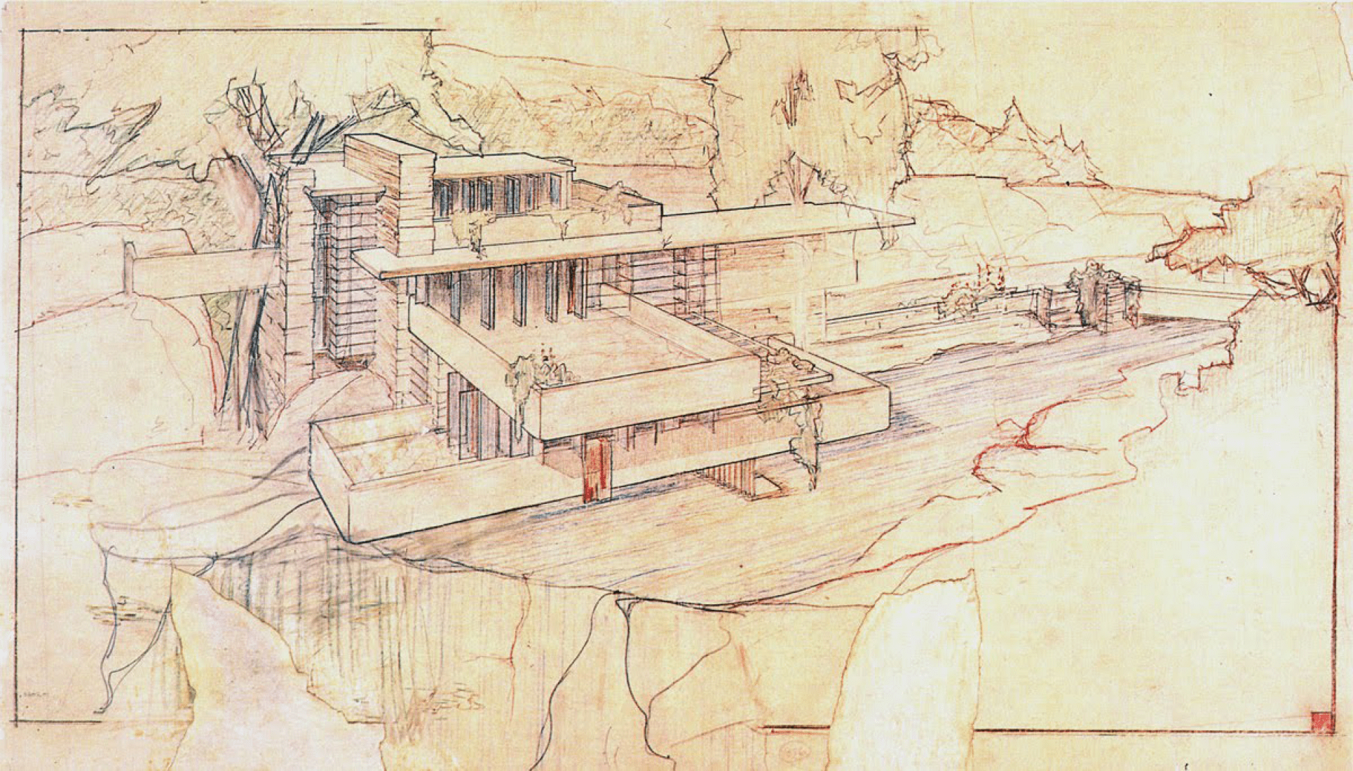 Perspective. Fallingwater by Frank Lloyd Wright.