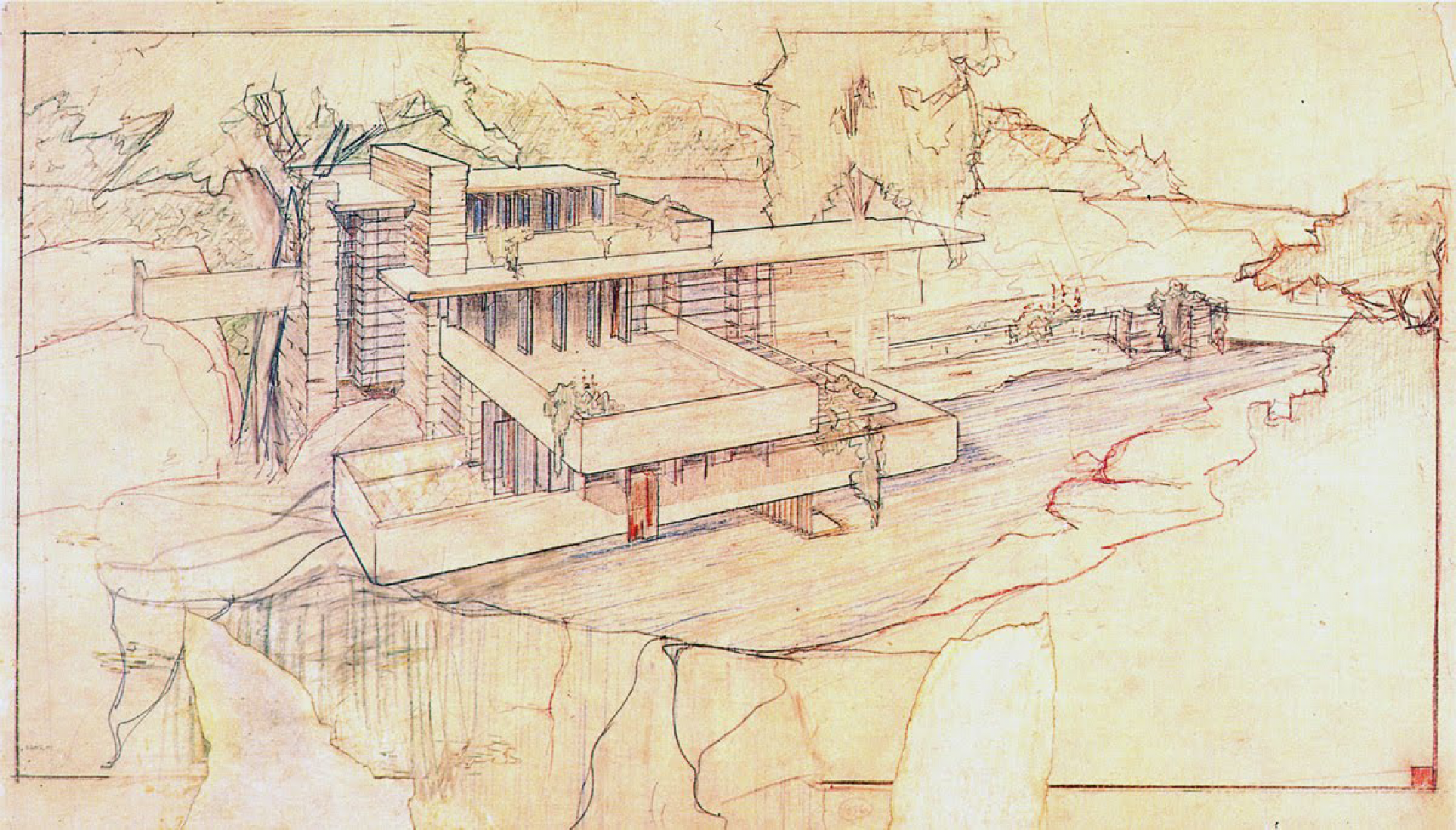 Perspective. Fallingwater by Frank Lloyd Wright. 