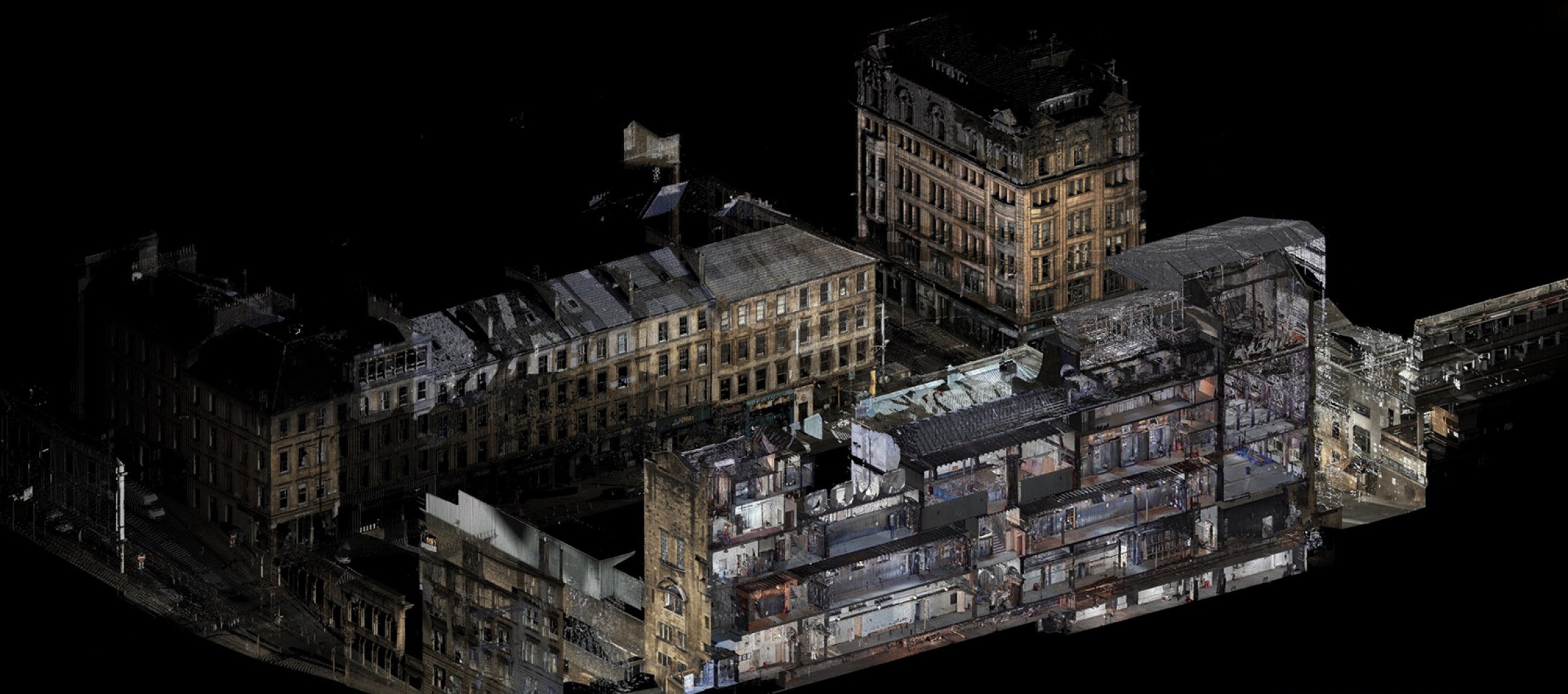 Mackintosh Building. 3d visualisation looking south from Renfrew Street towards Sauchiehall Street. Courtesy of The Digital Design Studio at The Glasgow School of Art