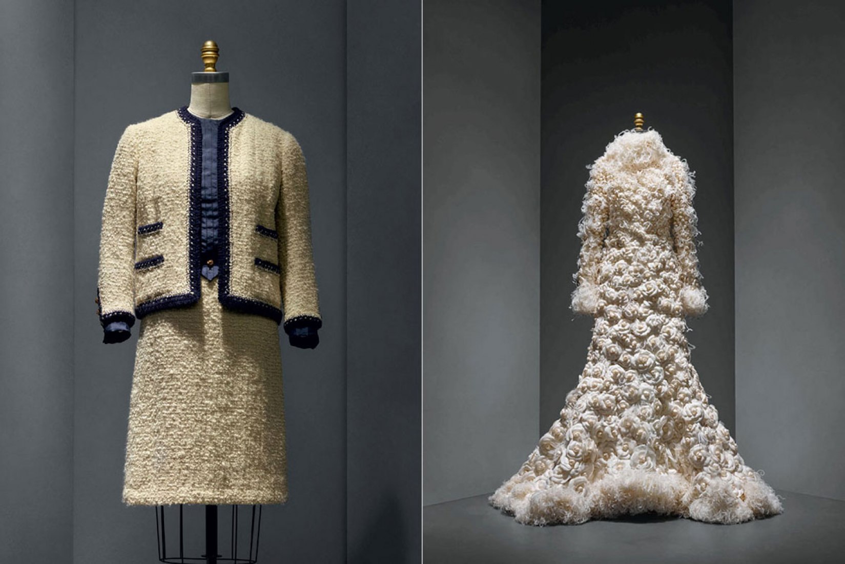 Gabrielle "Coco" Chanel (French, 1883–1971) Suit, 1963–68 haute couture French Wool, silk, metal The Metropolitan Museum of Art, New York, Gift of Mrs. Lyn Revson, 1975 (1975.53.7a–e). Karl Lagerfeld (French, born Hamburg, 1938) for House of Chanel (French, founded 1913) Wedding ensemble, autumn/winter 2005–6 haute couture Courtesy of CHANEL Patrimoine Collection. Photo © Nicholas Alan Cope. 