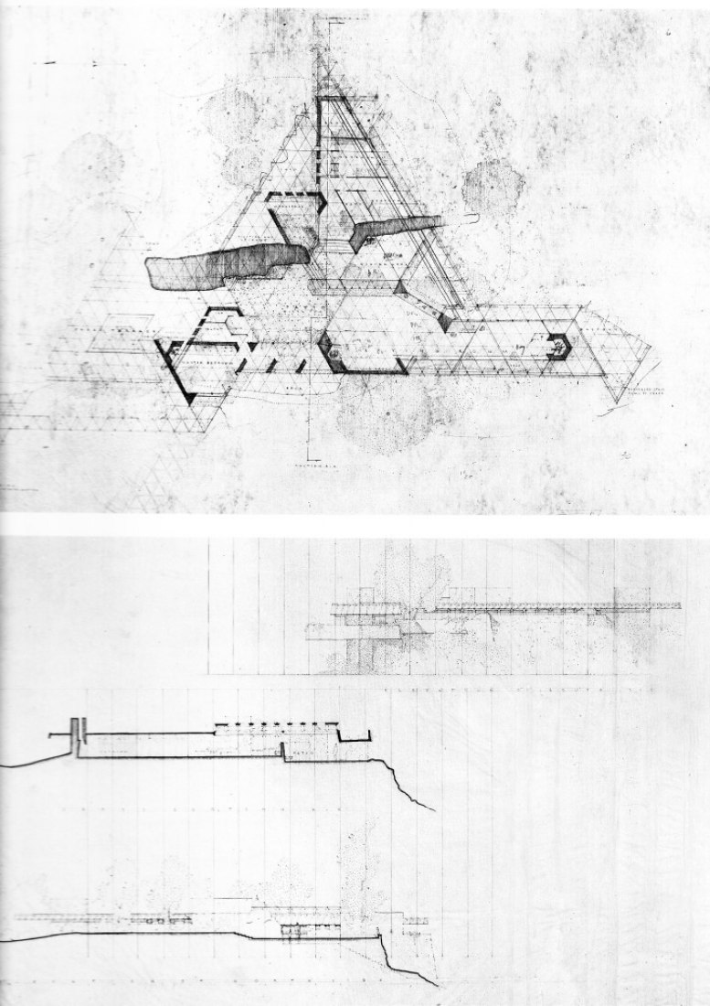 Planta y sección. Casa Massaro por Frank Lloyd Wright. 