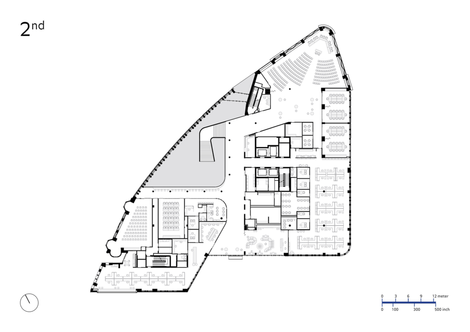 Plano de planta segunda. Edificio municipal Bruce C. Bolling por Mecanoo & Sasaki Associates.