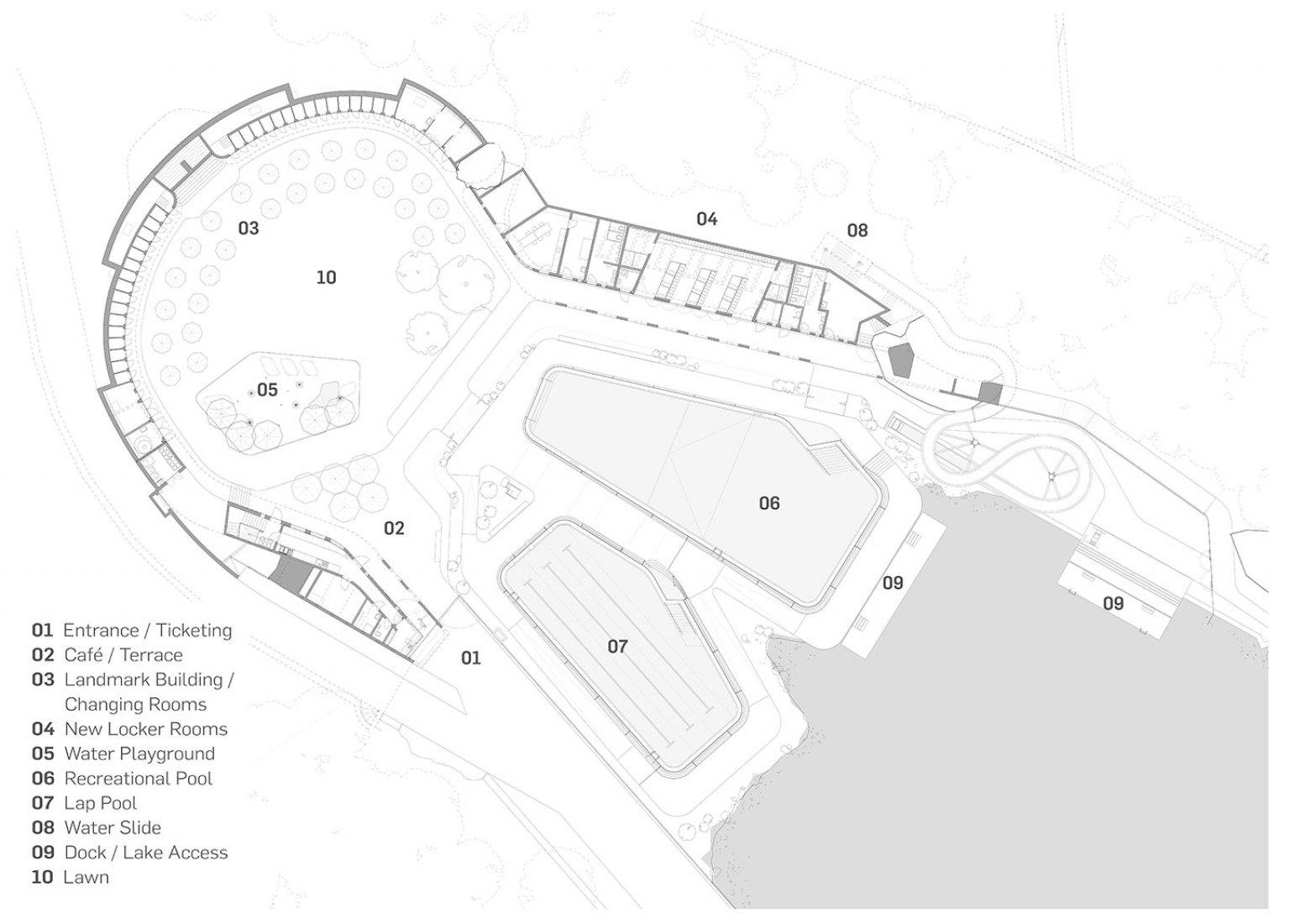 Main floor plan. Baths of Géronde by NAU.