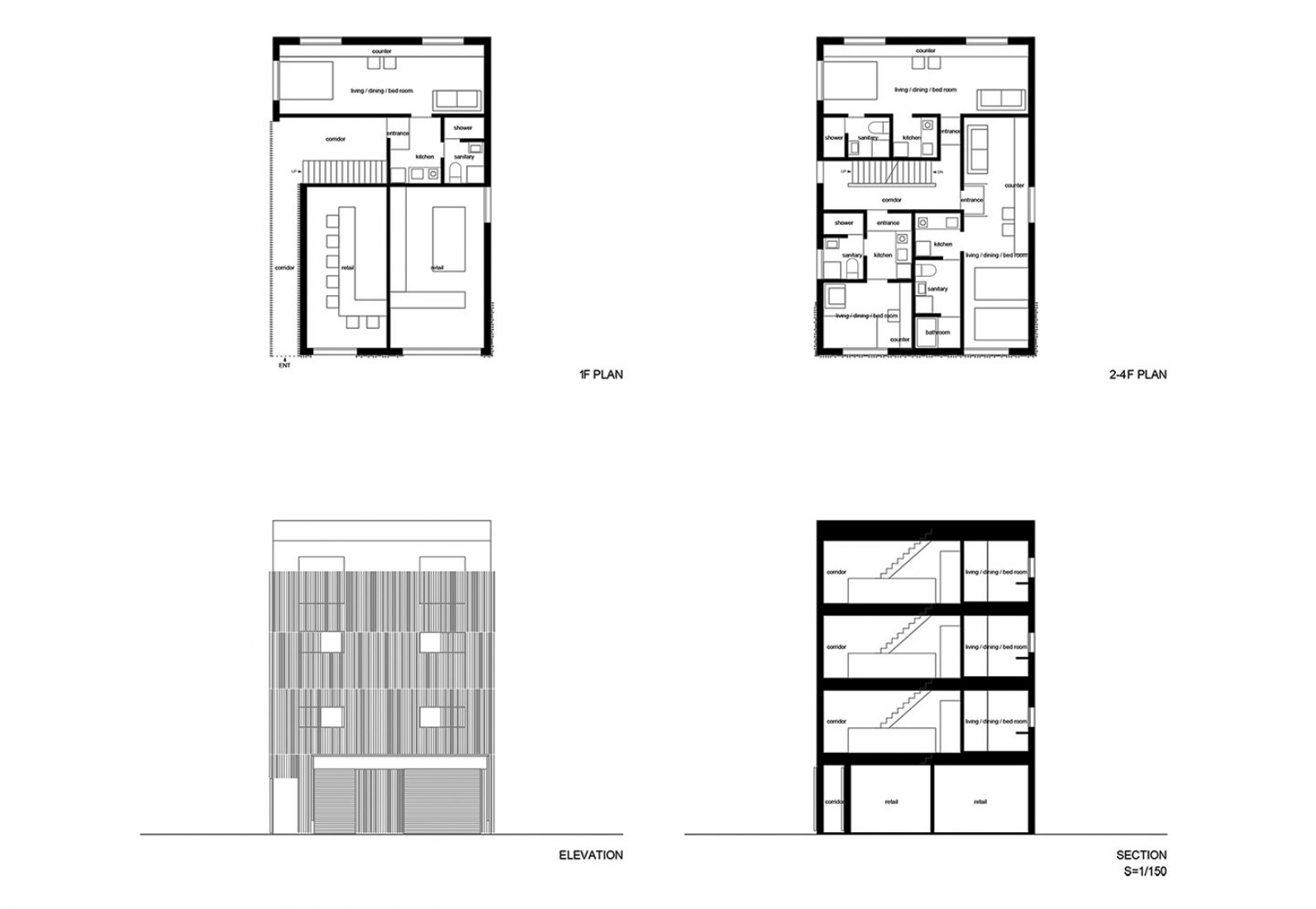 Floor plan, elevation and section. N STRIPS house by Jun Murata.do y sección. Casa N STRIPS por Jun Murata. 