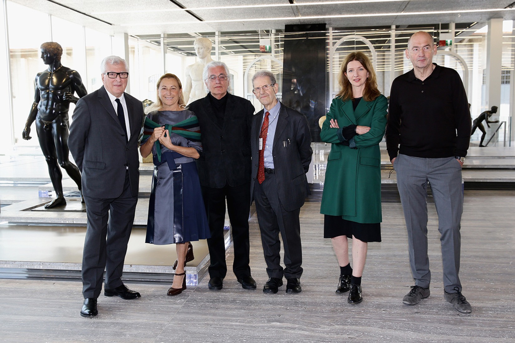 Patrizio Bertelli, Miuccia Prada, Germano Celant, Salvatore Settis, Astrid Welter and Rem Khoolaas at the press conference of Fondazione Prada on May 2, 2015 in Milan, Italy. (Photography by Vittorio Zunino Celotto / Getty Images for Fondazione Prada) Courtesy of Fondazione Prada.