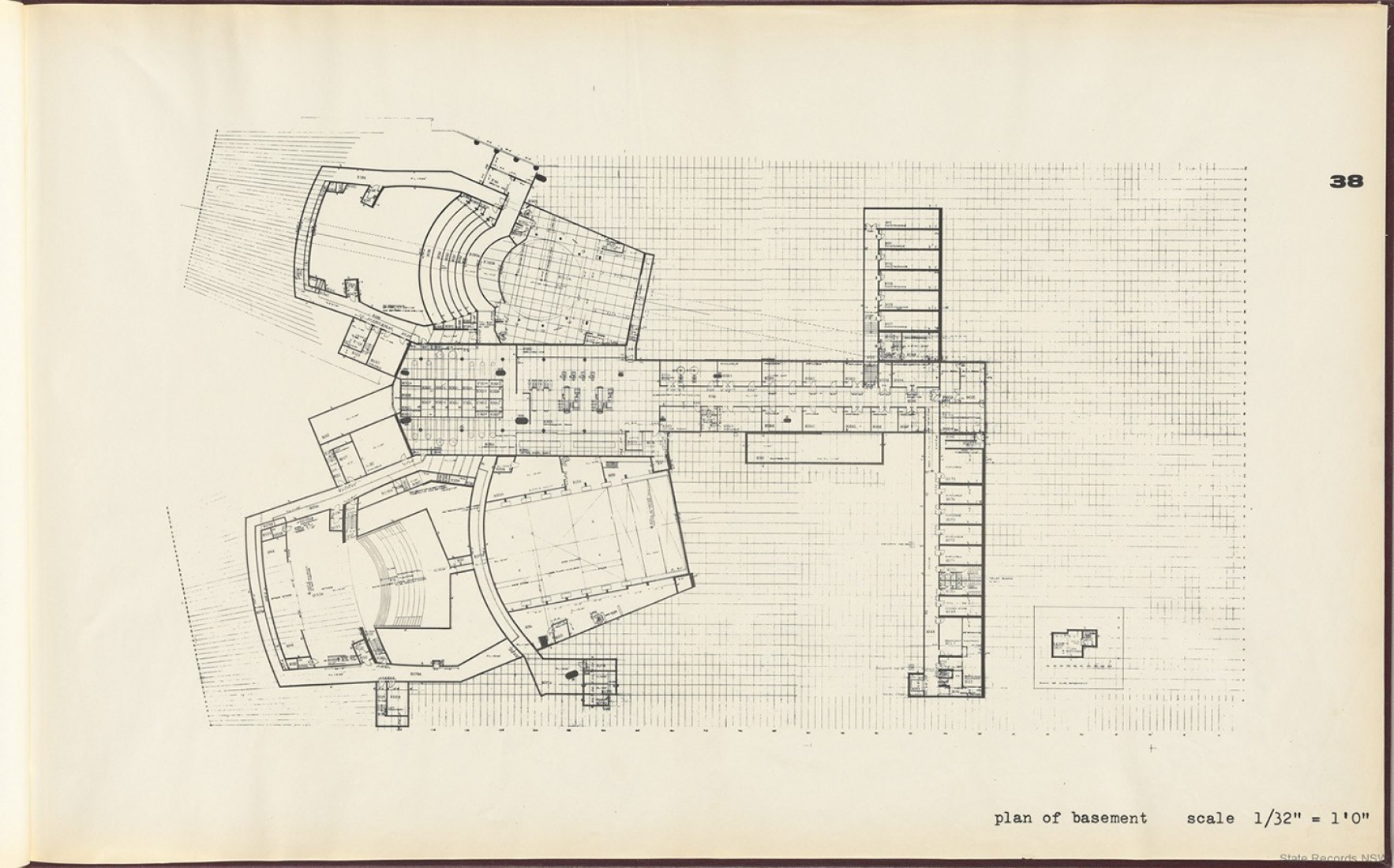 Basement floor plan. Sydney Opera House, Yellow Book, by Jørn Utzon.