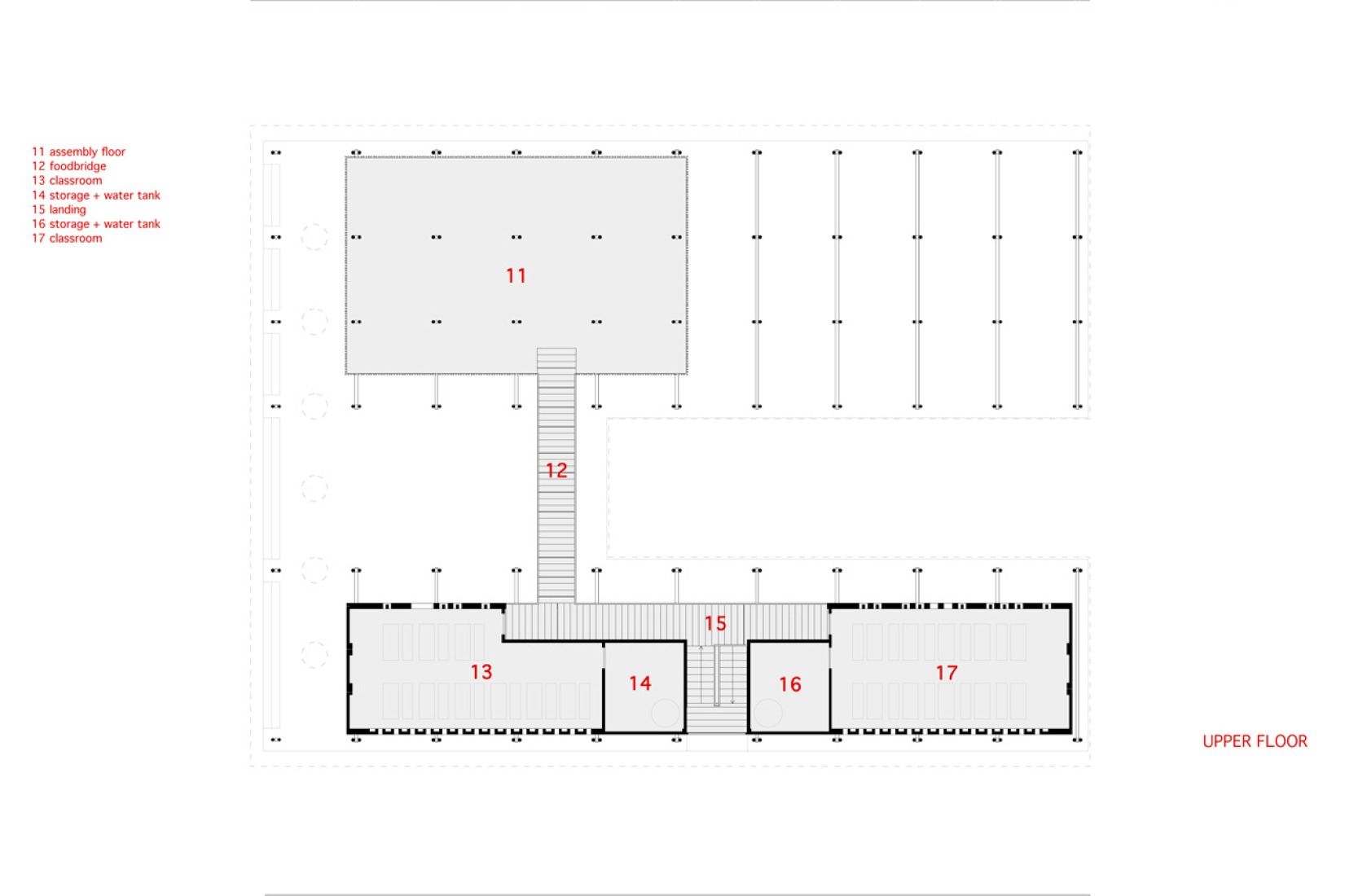 Plano de planta superior. Centro Comunitario Pani en Bangladesh, por SchilderScholte architecten.